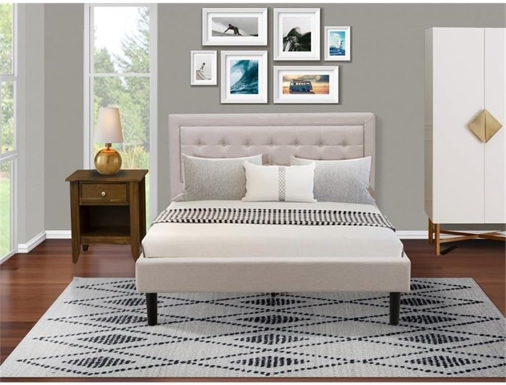 East West Furniture FN08Q-1GA08 2-Piece Fannin Bed Set with 1 Queen Size Bed and a Mid Century Nightstand - Reliable and Sturdy Manufacturing - Mist Beige Linen Fabric