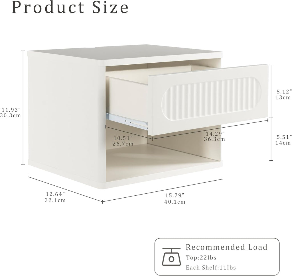 VDNEND Floating Nightstands with Drawer Set of 2, Modern Wall Mounted Bedside Tables for Bedroom, Space Saving Storage Cabinets, Easy Install Hanging Shelf Night Stands for Small Spaces (White)