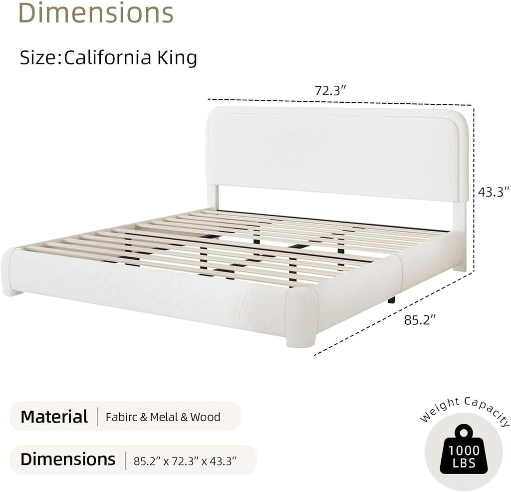 BarnFurin Boucle Upholstered California King Bed Frame/Soft Rounded Corners Headboard/Low Profile Bed Frame/No Box Spring Needed/Non-Slip and Noise-Free/White