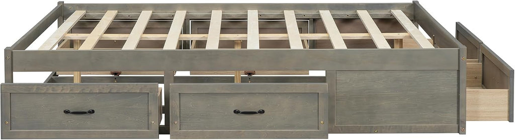 SOFTSEA Full Size Bed Frame with 6 Storage Drawers, Wood Platform Bed Frame No Headboard with Support Slats, Farmhosue Platform Bed with Drawers, No Box Spring Needed, Easy Assembly, Antique Gray