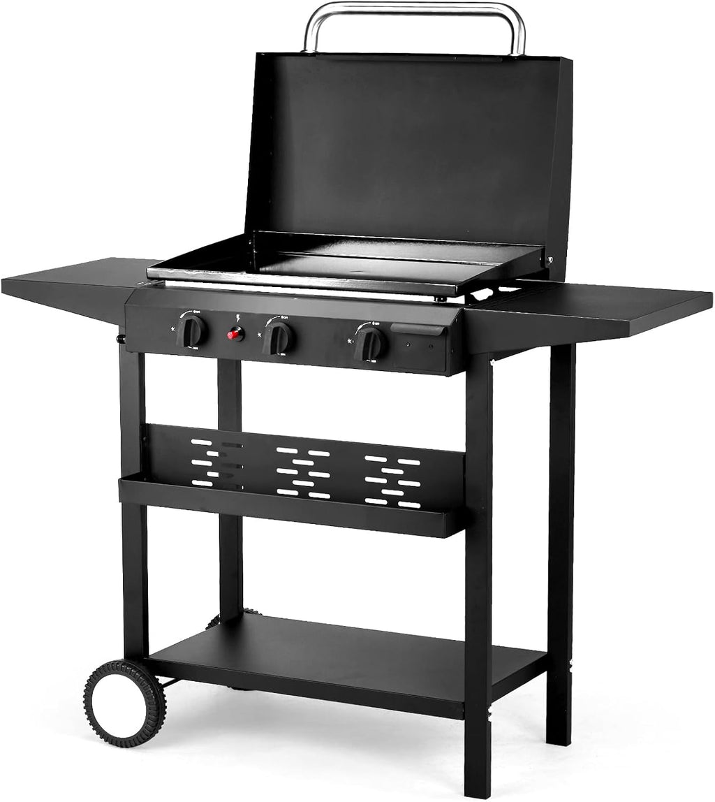 Vasitelan 3 Burners Gas Griddle, Portable Flat Top Gas Grill-Table Top Griddle Station with Side Shelves for Kitchen, Outdoor BBQ, Camping
