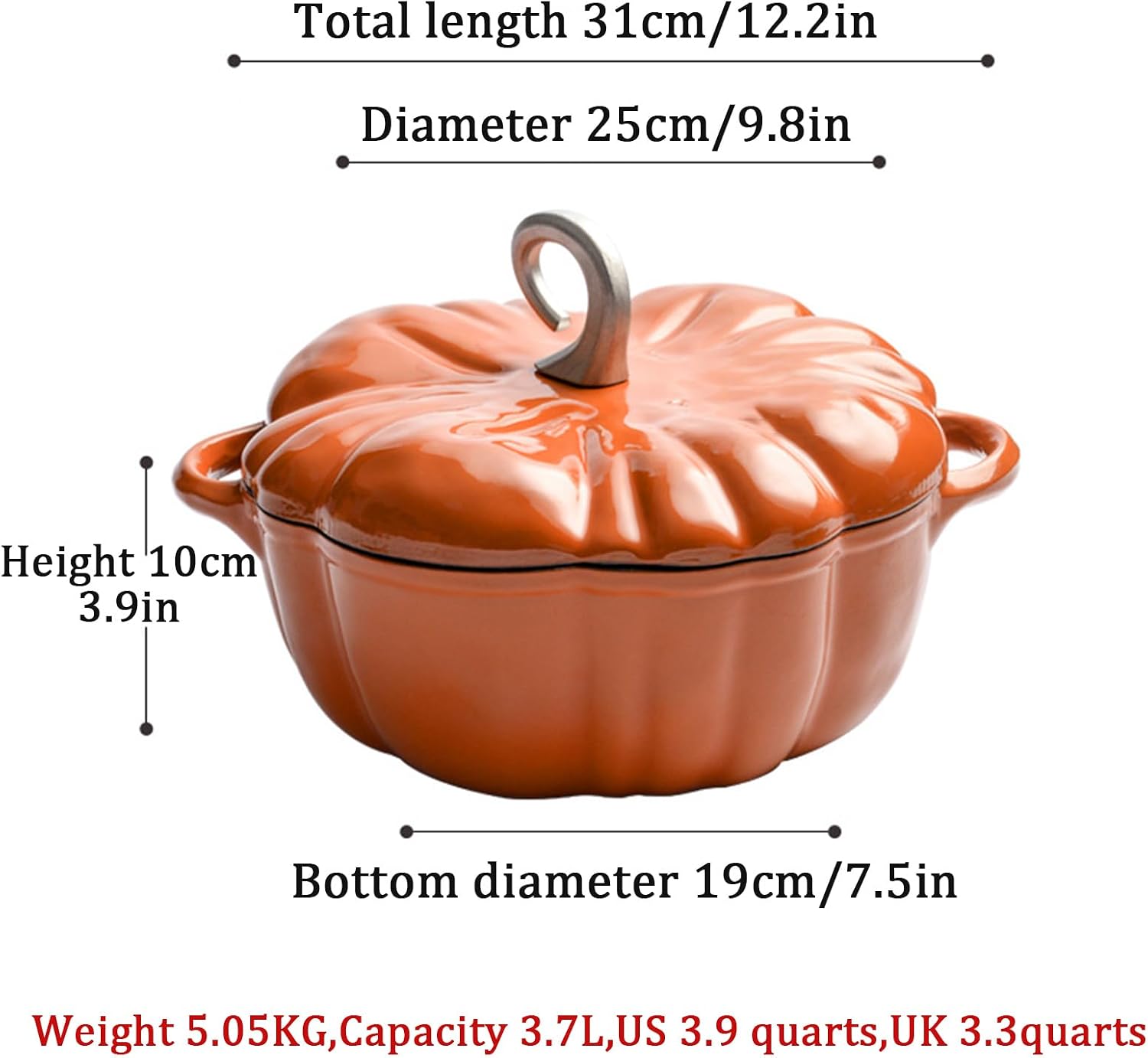 25cm/9.8in,Mswborml Pumpkin Enamel Pots for Cooking, Enameled Cast Iron Dutch Oven Pot with Lid, Enamel Coating, Non-Stick Shallow Casserole Braiser with Dual Handle Usable for Induction Cookers