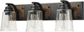 Globe Electric 51852 3-Light Vanity Light, Bathroom Wall Fixture, Matte Black and Dark Faux Wood Finish, Clear Seeded Glass Shades, E26 Base, Dimmable