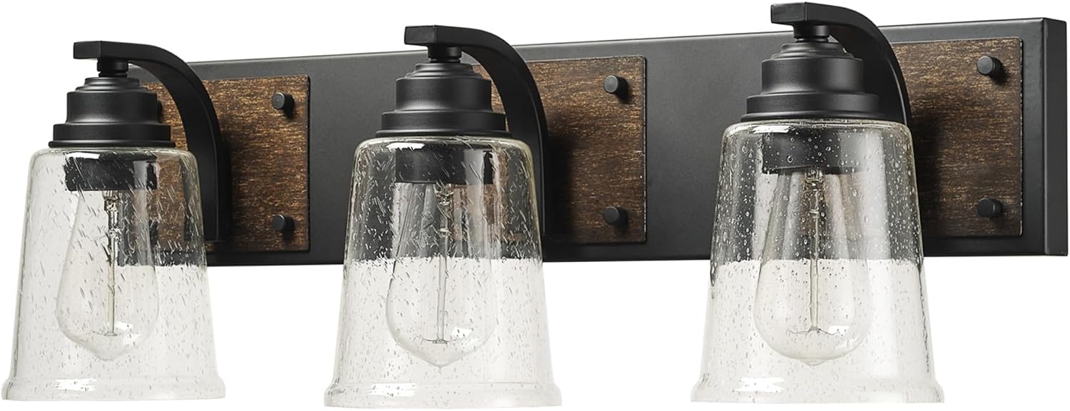 Globe Electric 51852 3-Light Vanity Light, Bathroom Wall Fixture, Matte Black and Dark Faux Wood Finish, Clear Seeded Glass Shades, E26 Base, Dimmable