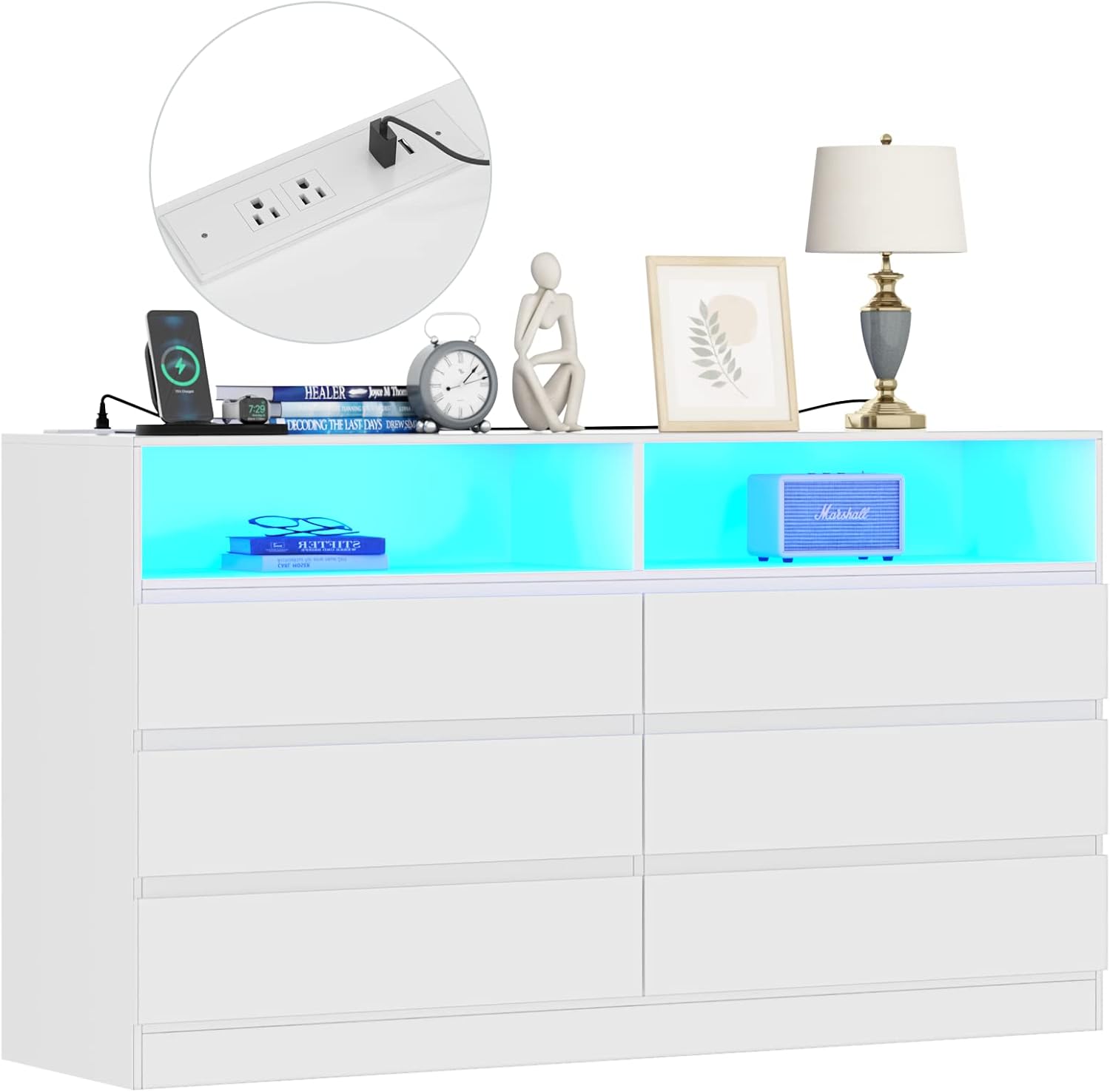 Gyfimoie 6 Drawer Double Dresser with Power Outlet, Accent Chests of Drawers with LED Light, Modern White Storage Dresser with Charging Station (Mirror Not Included)