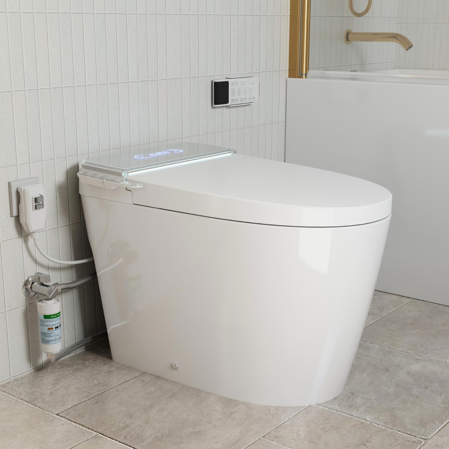 956 Smart Toilet, Full Area UV Light, Removable Child Seat, Side Control Panel, Built-In Water Tank Bidet Toilet, Auto Open Lid, Foot Sensor, Instant Warm Water, Heated Seat, Warm Air Dryer