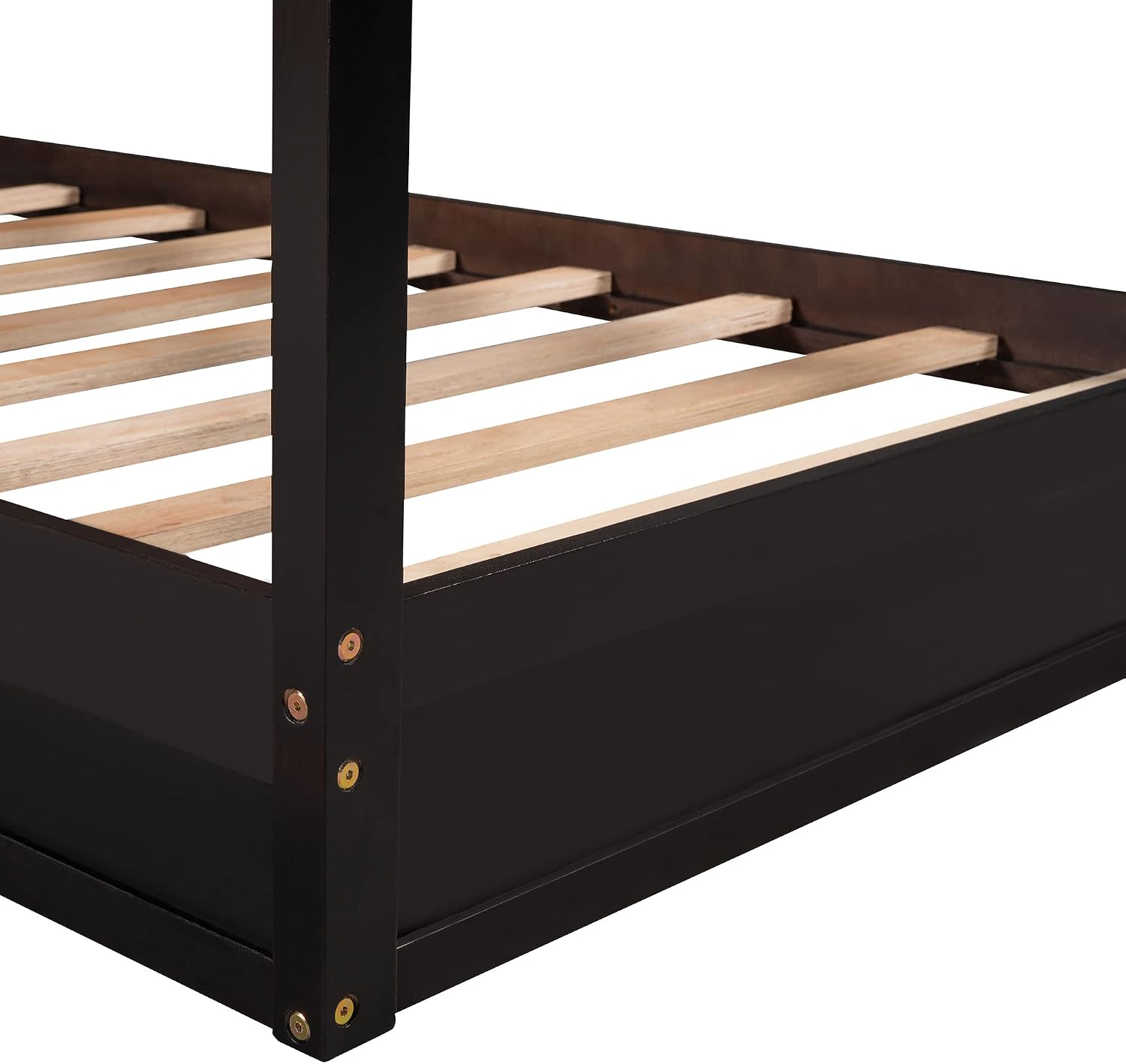 MERITLINE L Shaped Bed for 2 Kids, Twin House Bed, Wooden Double Twin Beds with Fence and Roof, Playhouse Bed, Corner Bed for Bedroom Furniture, No Box Spring Needed (Espresso)
