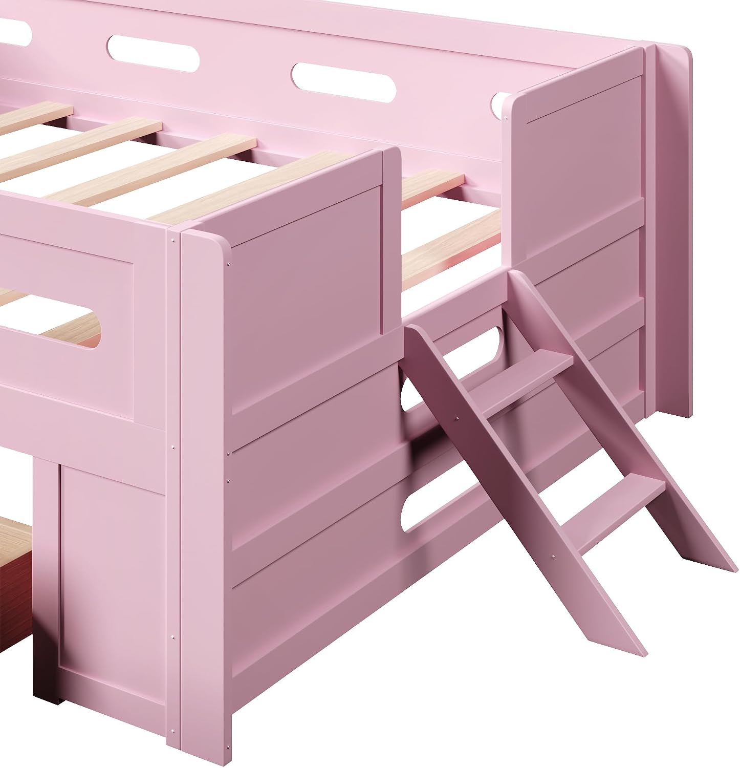 VilroCaz Modern Twin Size Platform Bed with Guardrail and Large Drawer, Wood Kids Platform Bed Frame with Two-Step Ladder for Boys Girls, Sturdy Slats Support (Pink-1.12T)