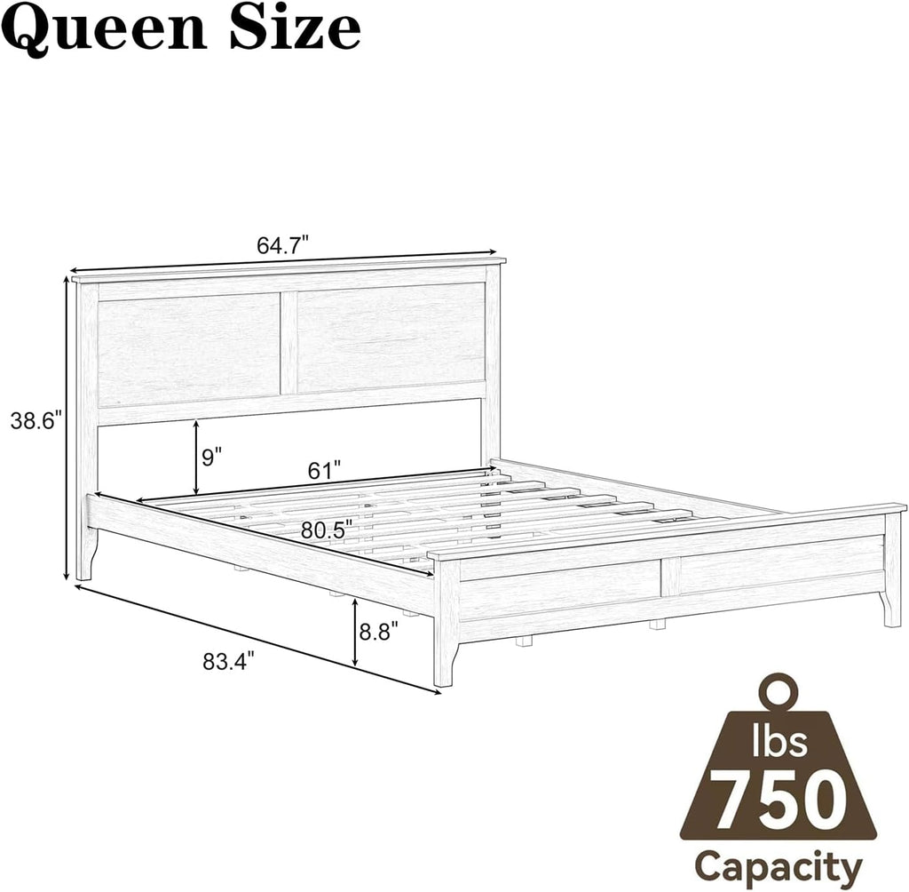 Queen Size Wood Bed Frame and Headboard, Modern Retro White Platform Beds Frames, Sturdy and Durable Design Rustic Wooden Bedroom Set, Easy Assembly, No Box Spring Needed (White, Queen)