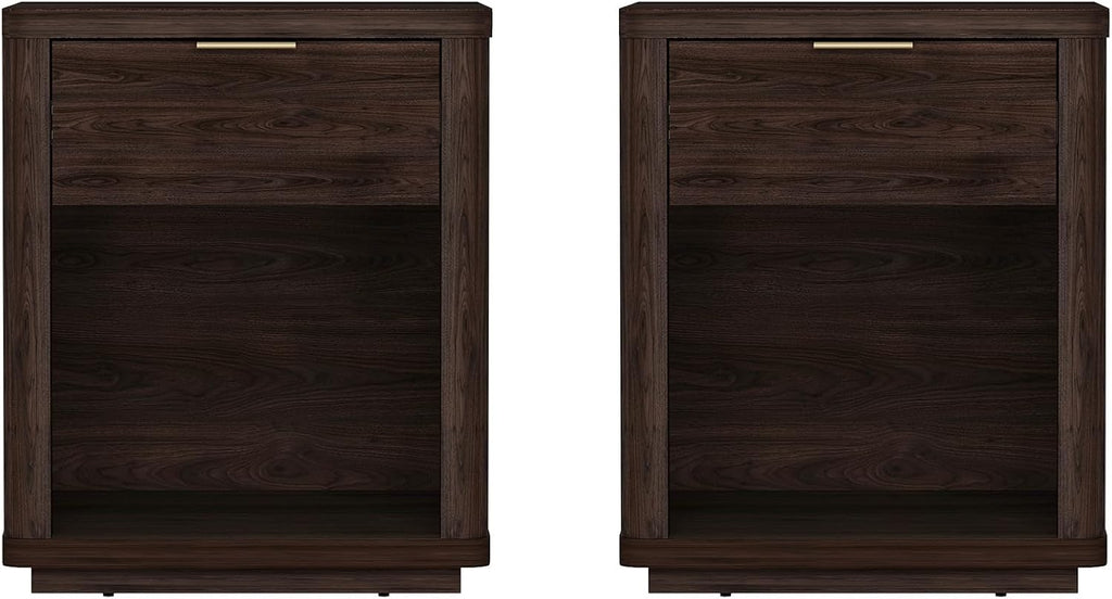 Manhattan Comfort Evelyn Nightstands Set of 2 with Full Extension Drawer and Open Shelf – Modern Bedroom Night Stand or Living Room Side Tables with Storage – Easy Assembly, Brown