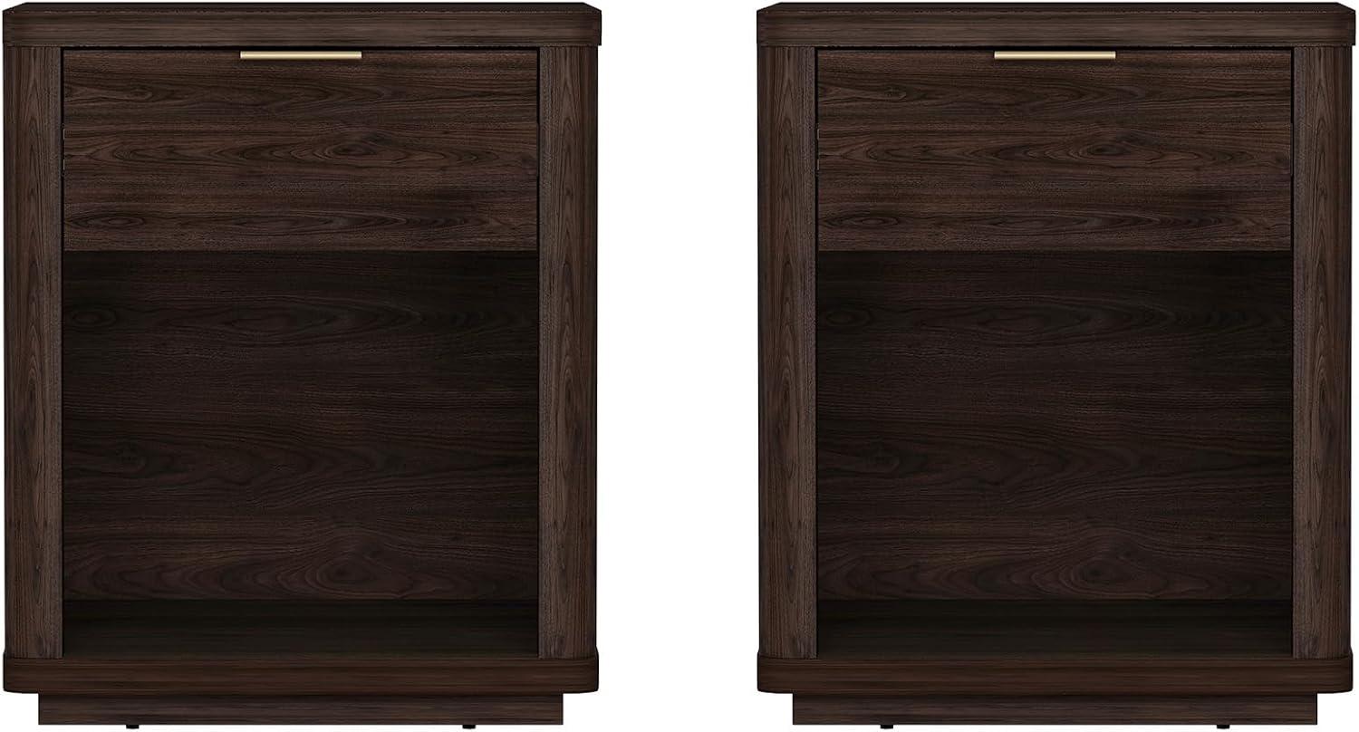 Manhattan Comfort Evelyn Nightstands Set of 2 with Full Extension Drawer and Open Shelf – Modern Bedroom Night Stand or Living Room Side Tables with Storage – Easy Assembly, Brown