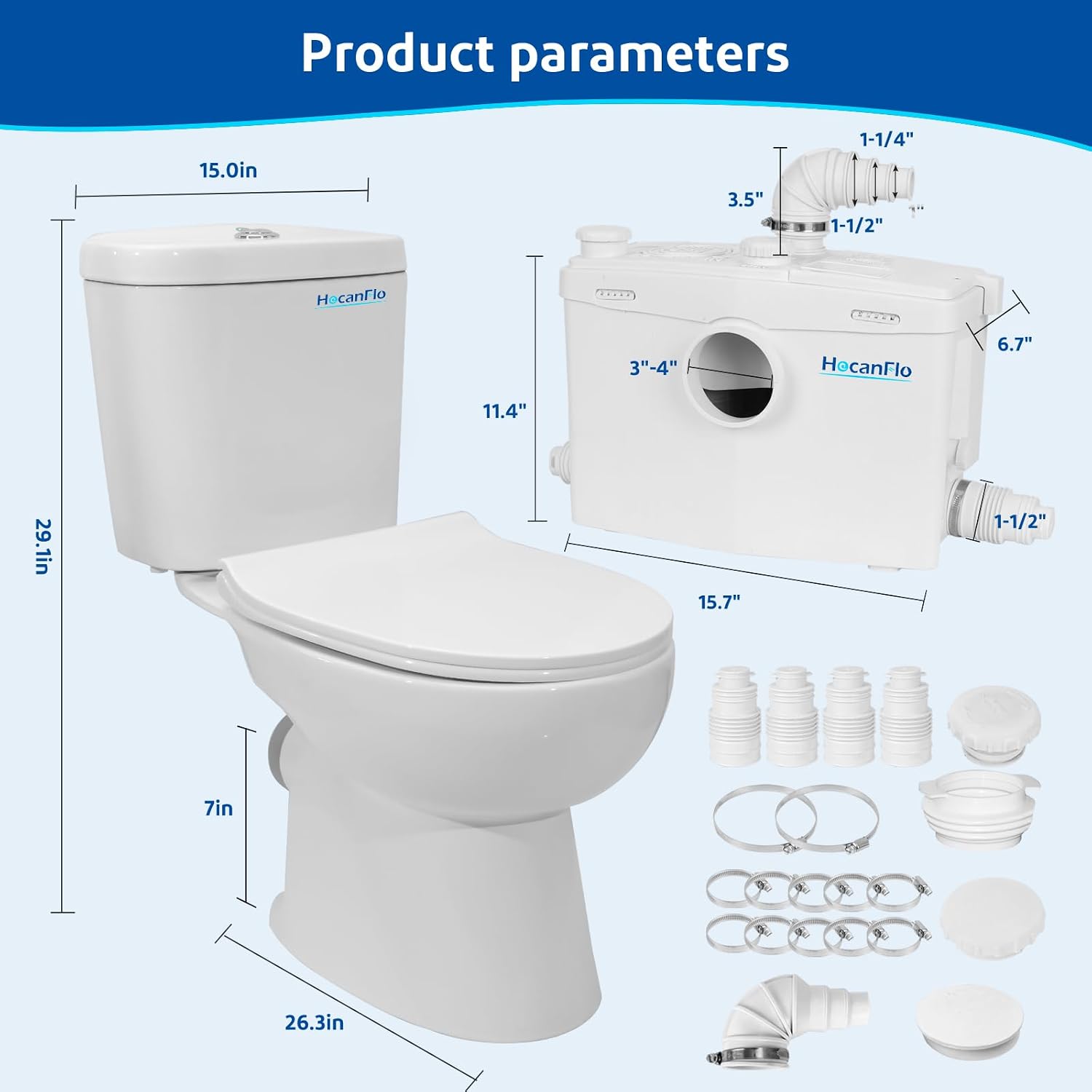 800W Upflush Toilet with Pump for Basement, Macerating Toilet System, Patented Top Access Panel, Two Piece Dual-flush Tank, 4 Inlets Macerator Grinder Sewage Pump, 36ft Head Lifting, CEC Approved