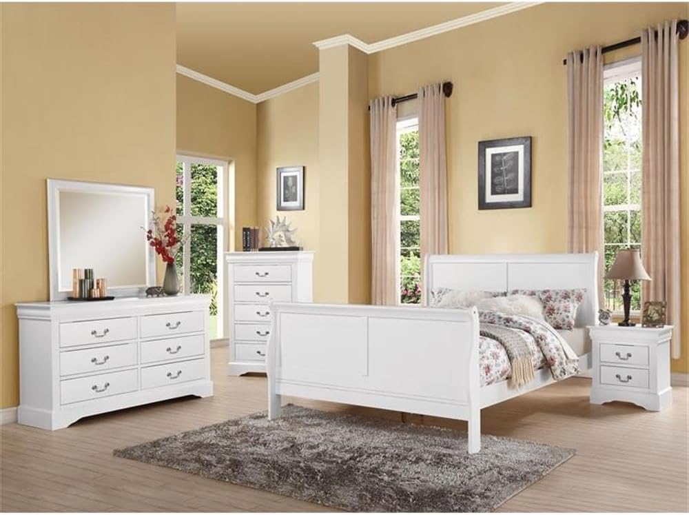 Acme Louis Philippe III Queen Wooden Sleigh Bed in White