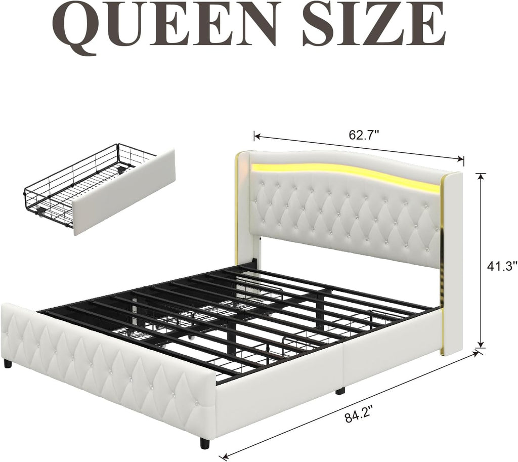 E-Motie Queen Bed Frame with Wingback Headboard, Upholstered Platform Bed with RGB LED Lights, Charging Station, 4 Storage Drawers & Metal Slat Support, No Box Spring Needed, White