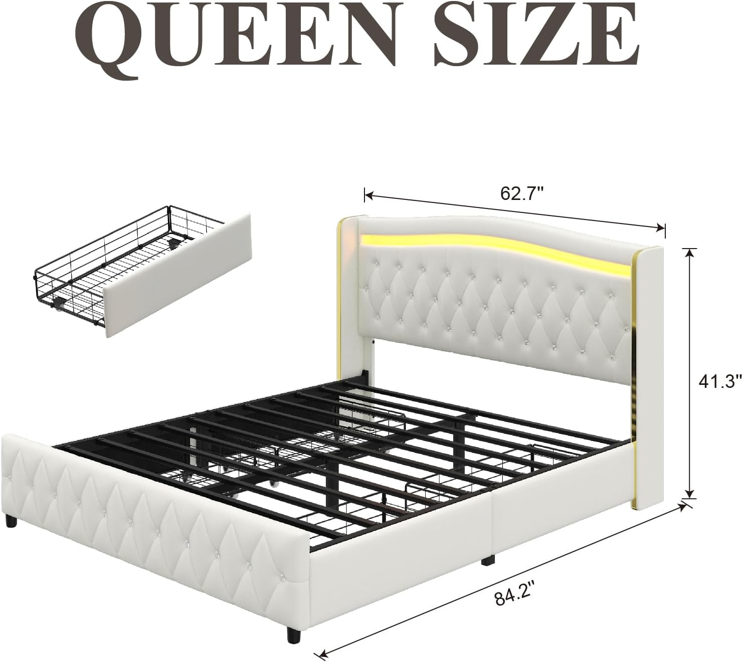 E-Motie Queen Bed Frame with Wingback Headboard, Upholstered Platform Bed with RGB LED Lights, Charging Station, 4 Storage Drawers & Metal Slat Support, No Box Spring Needed, White