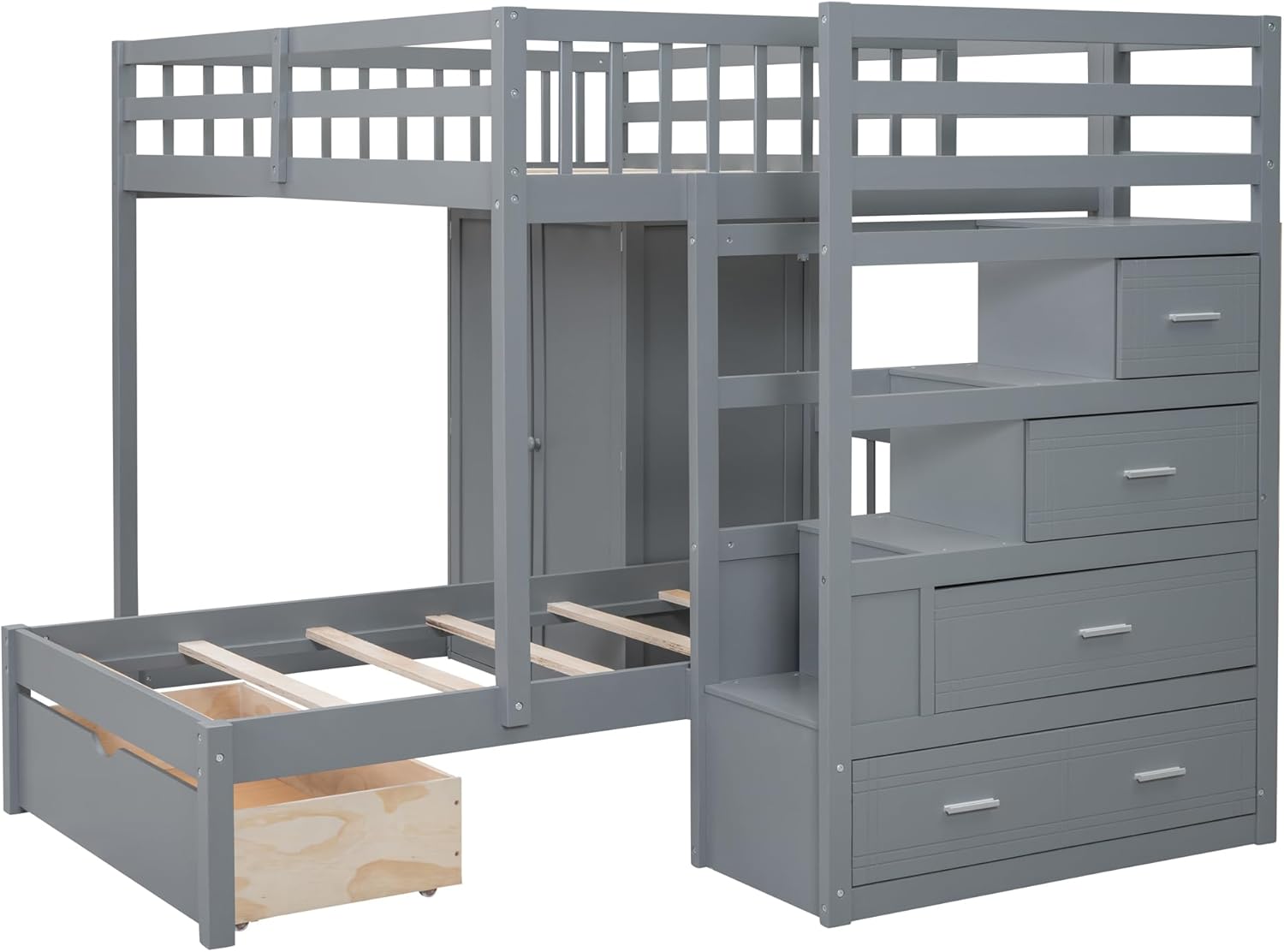 Ball & Cast Full Over Twin Bunk Bed with Safty Guardrail & Storage Stair,Wood Loft Bedframe W/Wardrobe & Drawers,Space-Saving Design,Easy Assembly,Versatile Furniture for Boys Girls Teen Bedroom,Gray