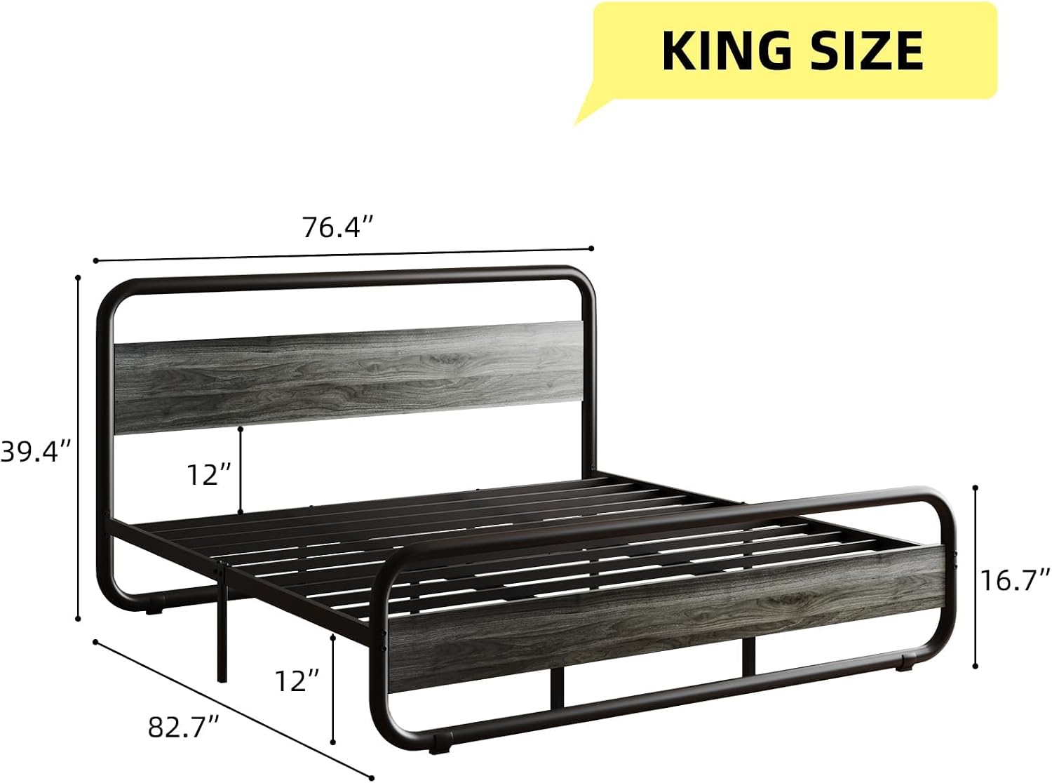 Catrimown King Size Bed Frame, Heavy Duty Metal Rustic King Platform Bed Frame with Wood Headboard, Under Bed Storage, Noise Free, No Box Spring Needed, Wash Gray