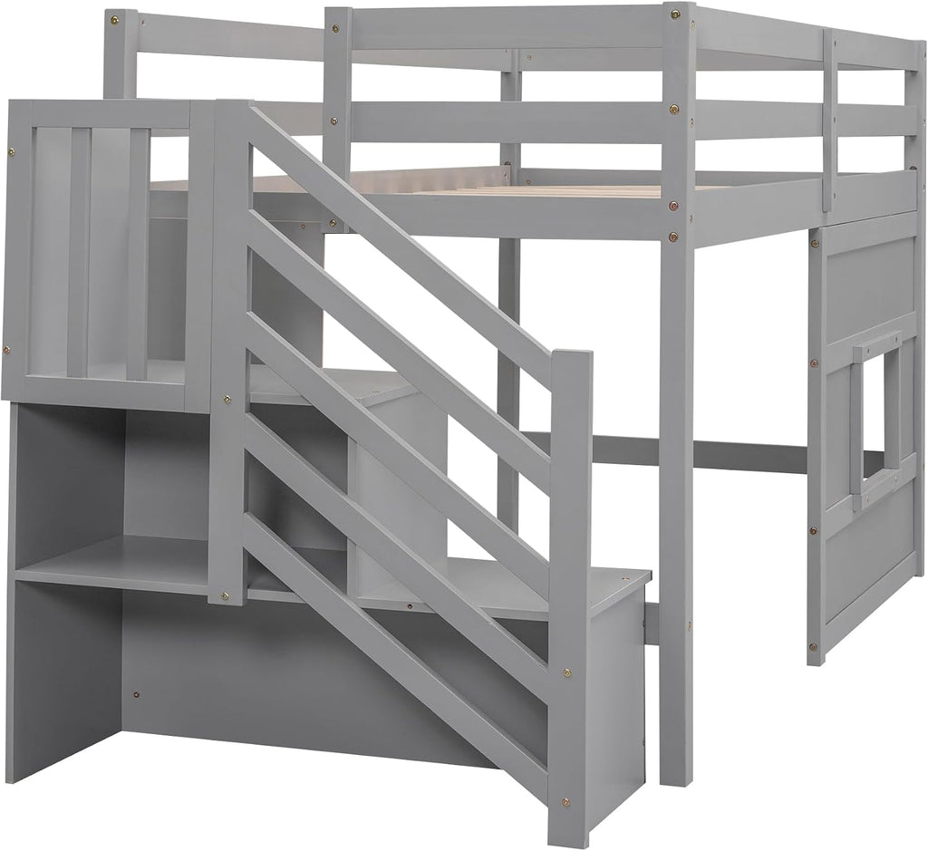Harper & Bright Designs Low Loft Bed Twin Size with Stairs and Storage Shelves for Saving Space, Wood Loft Bed Frame with Window, Grey