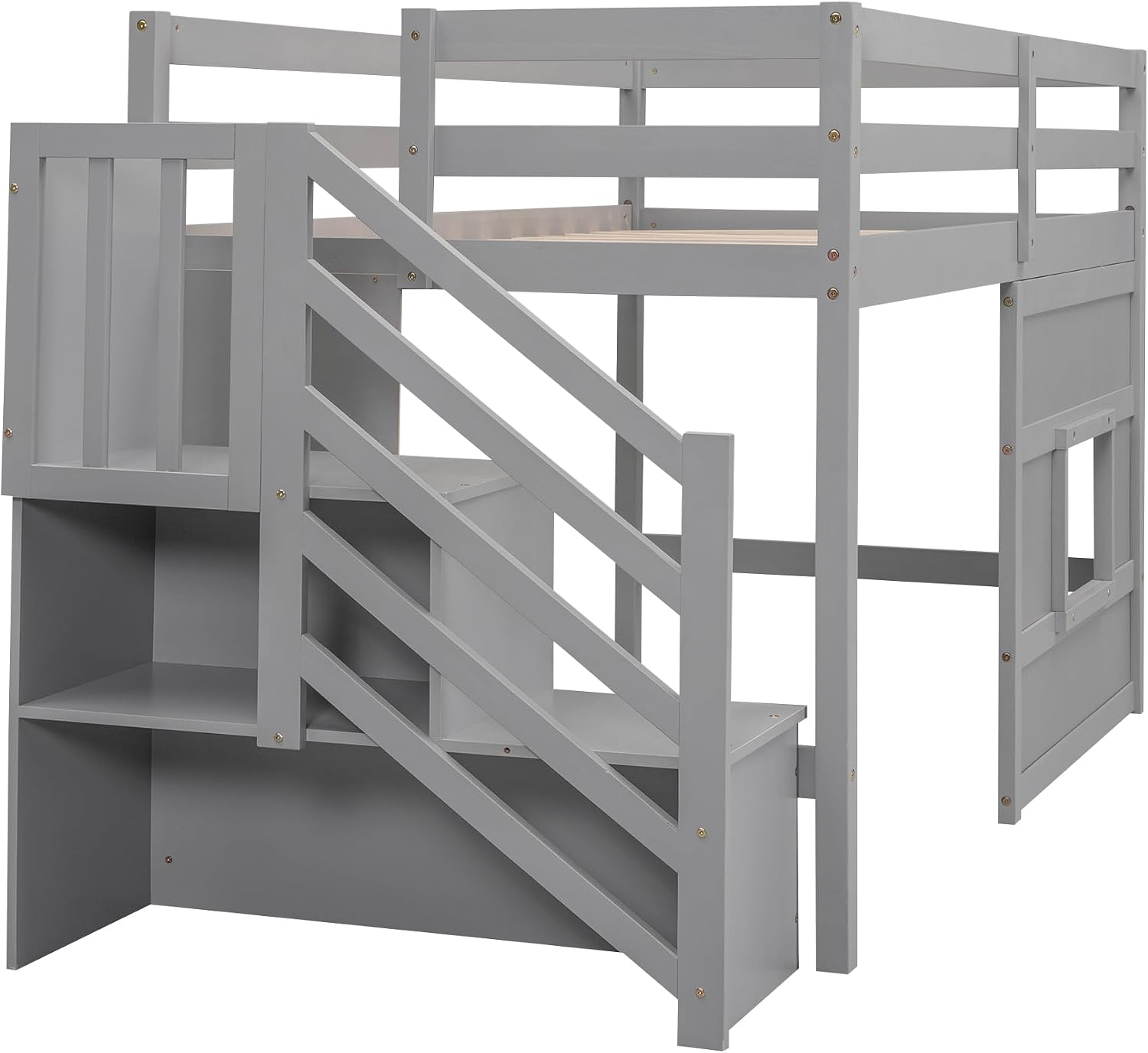 Harper & Bright Designs Low Loft Bed Twin Size with Stairs and Storage Shelves for Saving Space, Wood Loft Bed Frame with Window, Grey