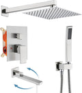 AVSIILE Shower Faucet Set with Tub Spout, Brushd Nickel Rain Shower Mixer Valve and Trim Kit System with Base Complete, Rainfall Modern Shower Head and Handheld Handle Set Combo for Bathroom, 10 Inch