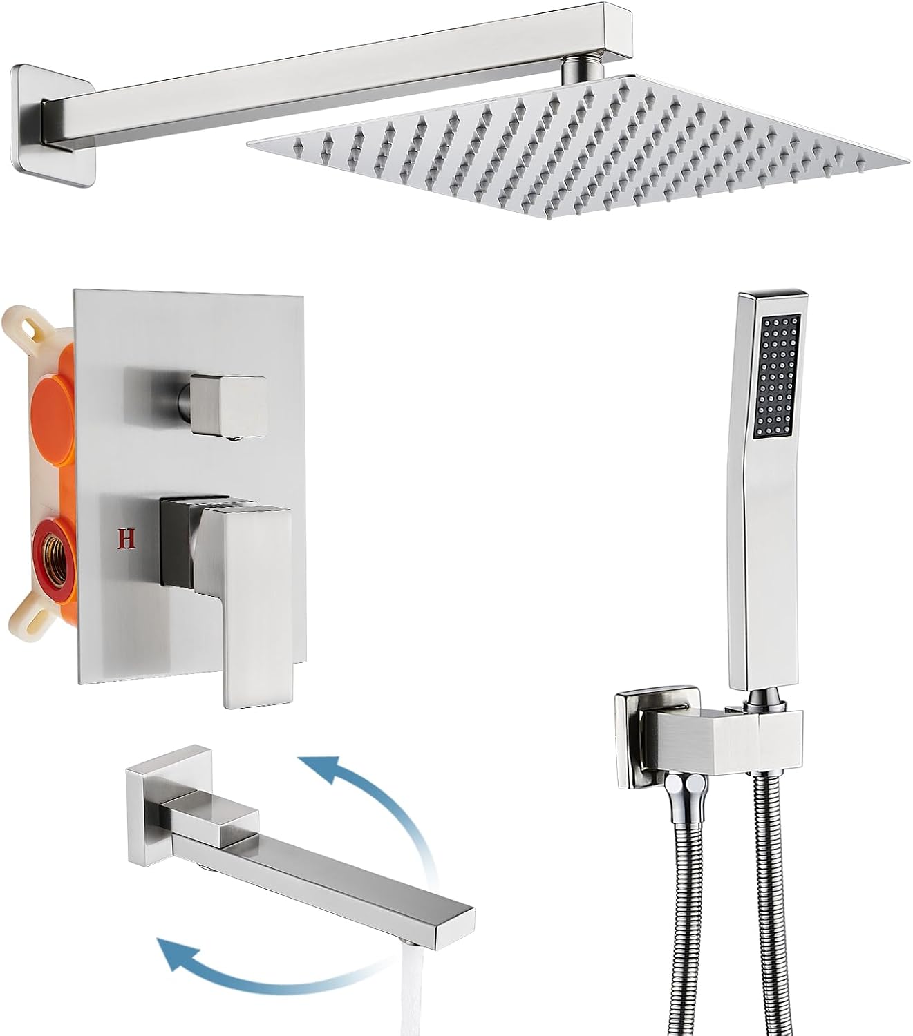AVSIILE Shower Faucet Set with Tub Spout, Brushd Nickel Rain Shower Mixer Valve and Trim Kit System with Base Complete, Rainfall Modern Shower Head and Handheld Handle Set Combo for Bathroom, 10 Inch