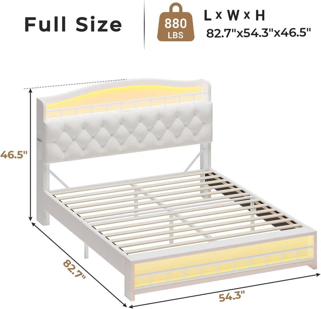 HAUOMS Full Bed Frame with LED Lights, Princess Velvet Upholstered Platform Bed for Girls, Headboard with Charging Station & Guardrail & Crystal Button, No Box Spring Needed, Beige