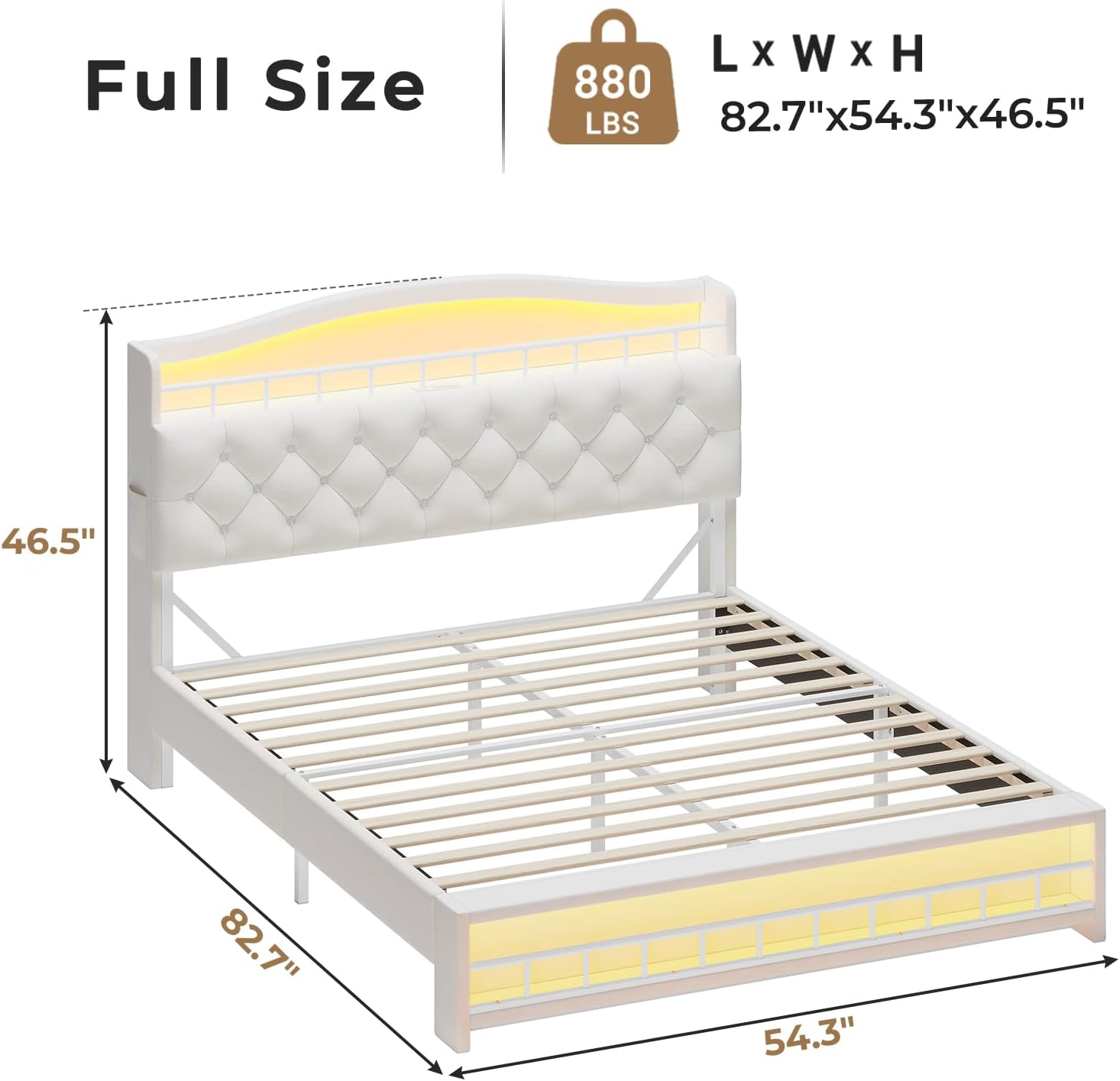 HAUOMS Full Bed Frame with LED Lights, Princess Velvet Upholstered Platform Bed for Girls, Headboard with Charging Station & Guardrail & Crystal Button, No Box Spring Needed, Beige
