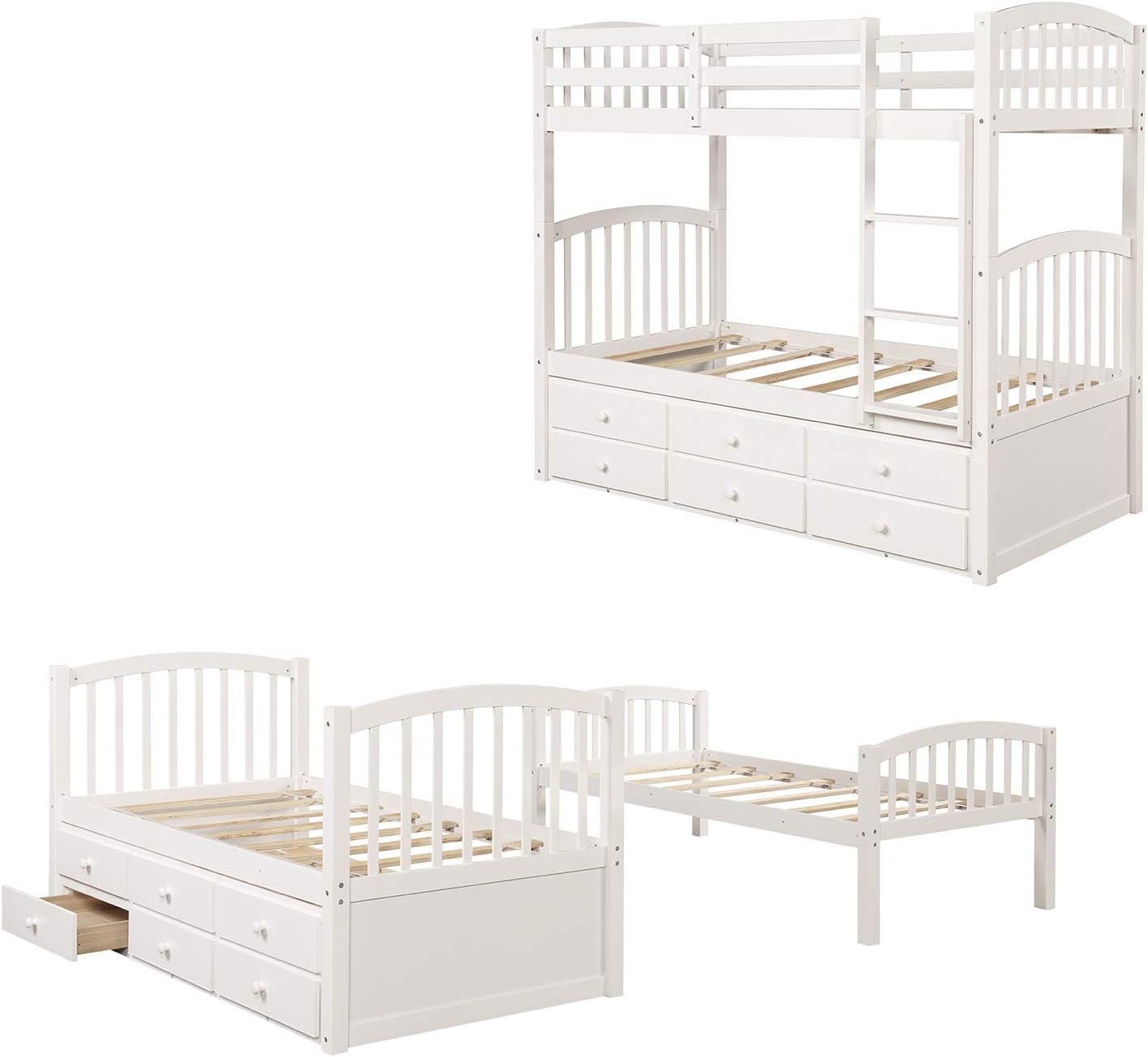 Harper & Bright Designs Twin Over Twin Bunk Bed with Trundle and Storage, Solid Wood Bunk Bed Frame with 3 Drawers for Kids, Teens, Adults (White)