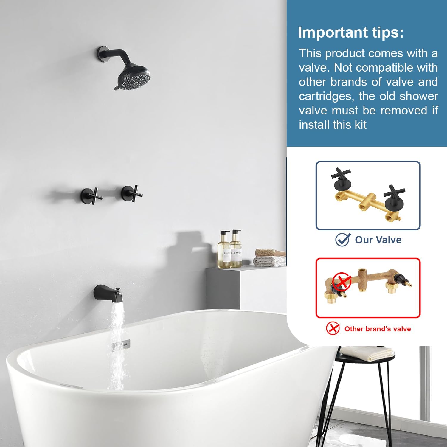 2 Handle Shower Faucet Set with Tub Spout Bathtub Shower Faucet Combo Set Shower System Complete Tub and Shower Trim Kit Matte Black Wall Mounted Shower Fixtures