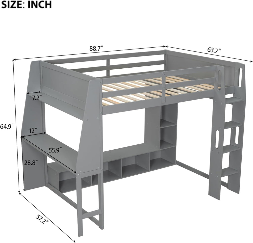 MERITLINE Full Gaming Loft Bed with Desk and Storage,TV Stand & LED RGB, Solid Wood Gaming Bed with Storage Shelves,TV Cabinet and Clothes Rack, for Adults Teens (Grey,Full)