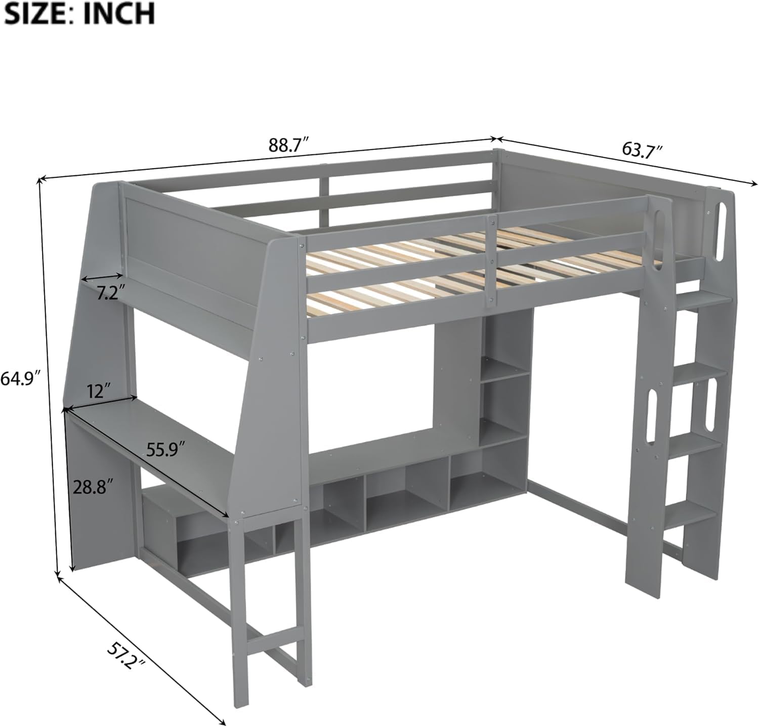 MERITLINE Full Gaming Loft Bed with Desk and Storage,TV Stand & LED RGB, Solid Wood Gaming Bed with Storage Shelves,TV Cabinet and Clothes Rack, for Adults Teens (Grey,Full)