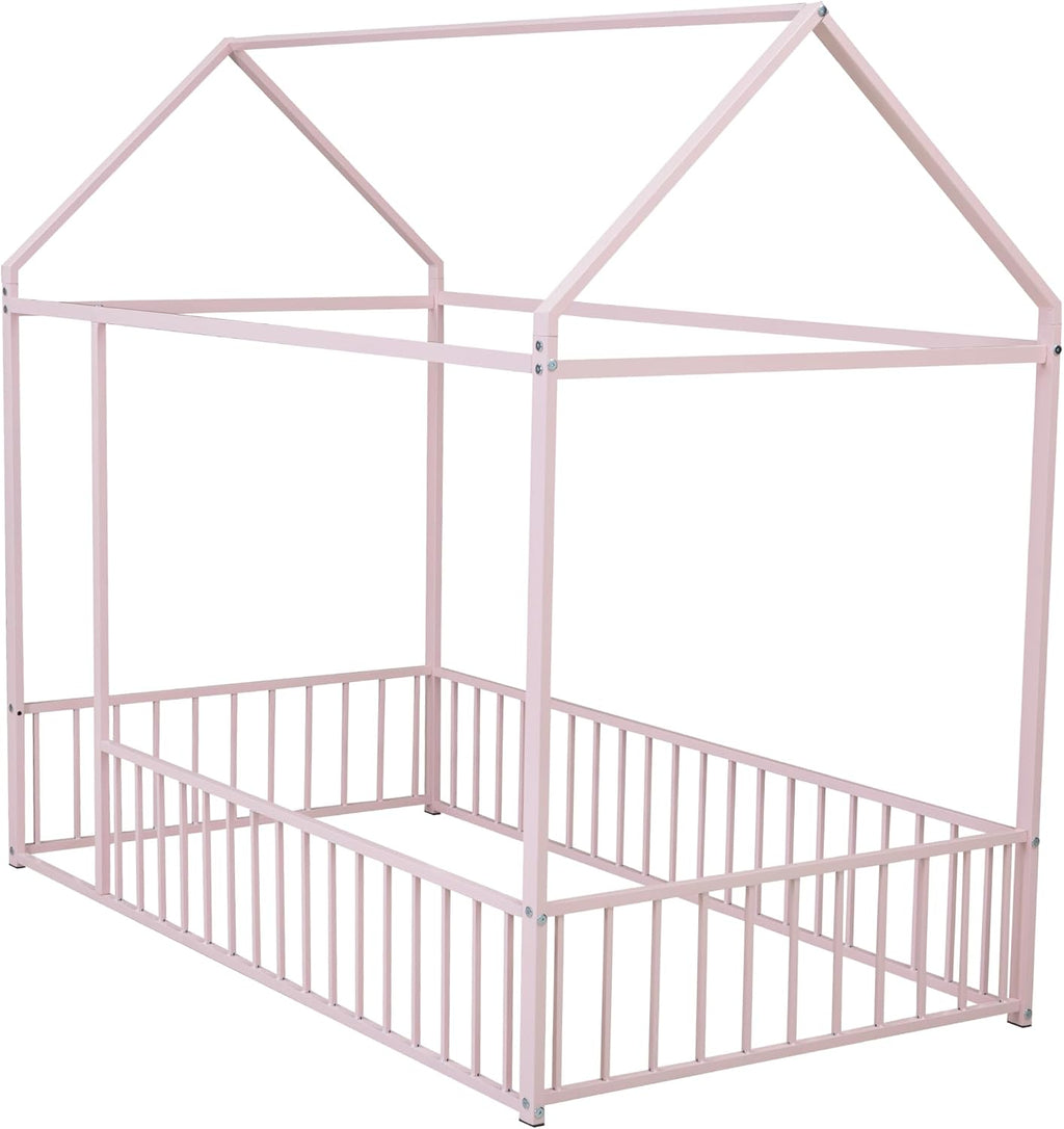 Bellemave Twin Size Montessori Floor Bed, Metal House Bed Frame, House Floor Bed for Kids, with Fence, Playhouse for Kids, Pink with roof