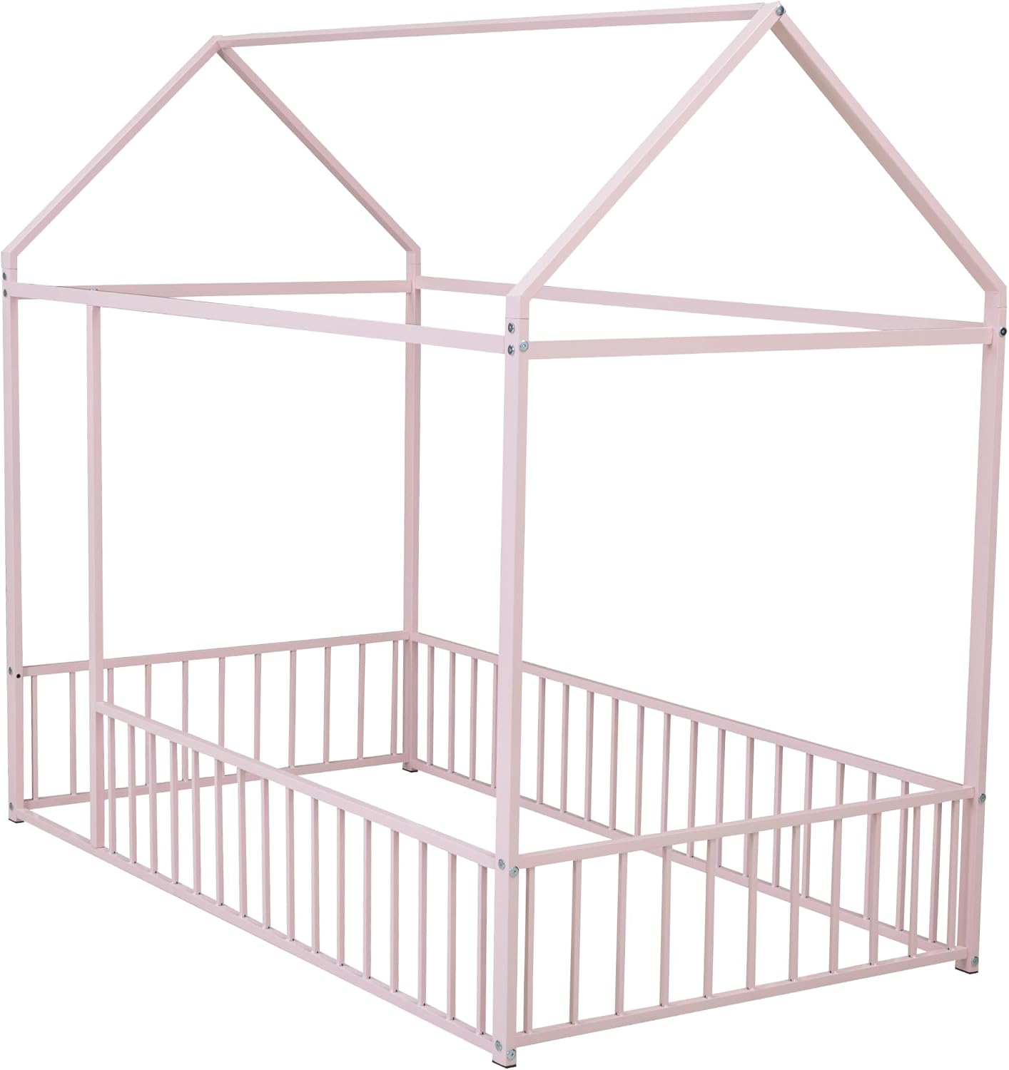 Bellemave Twin Size Montessori Floor Bed, Metal House Bed Frame, House Floor Bed for Kids, with Fence, Playhouse for Kids, Pink with roof