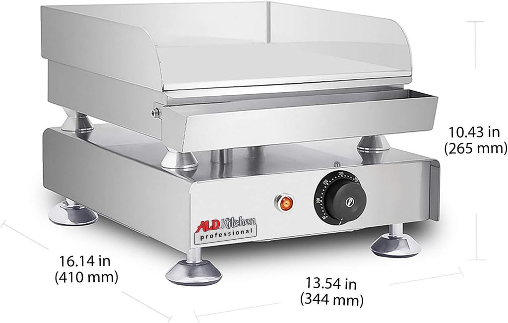 Commercial Electric Griddle, 2000W 110V, 14'×16' Plate, Adjustable Thermostat, Stainless Body with Grease Drawer