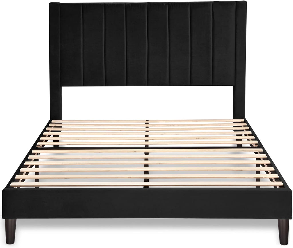 Allewie Full Bed Frame/Velvet Upholstered Bed Frame with Vertical Channel Tufted Headboard/Strong Wooden Slats/Platform Bed Frame/Mattress Foundation/Box Spring Optional/Easy Assembly/Black