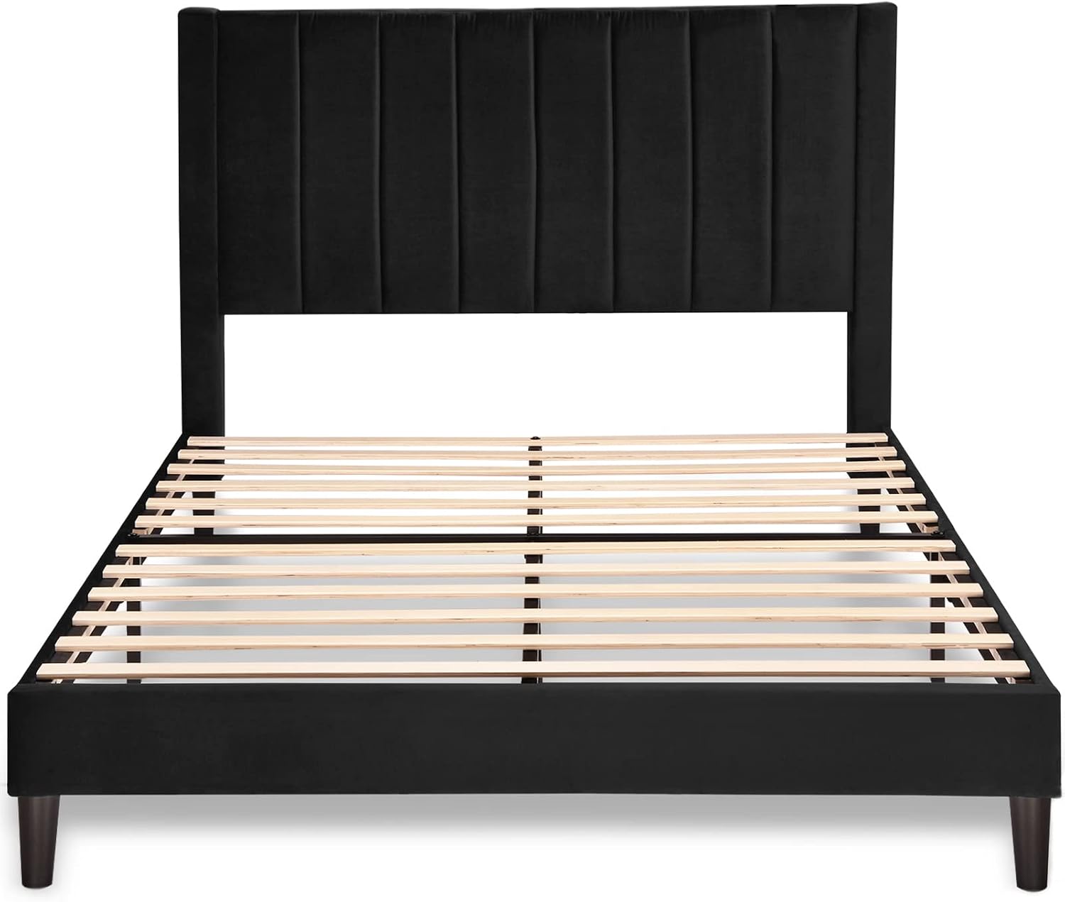 Allewie Full Bed Frame/Velvet Upholstered Bed Frame with Vertical Channel Tufted Headboard/Strong Wooden Slats/Platform Bed Frame/Mattress Foundation/Box Spring Optional/Easy Assembly/Black