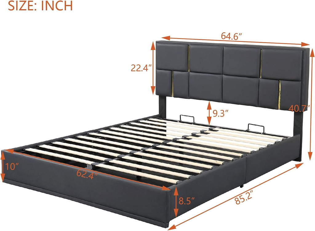 Upholstered Bedroom Furniture Set with Ottoman, Queen Upholstered Platform Bed with Hydraulic Storage System and Storage Ottoman, 2 Piece Bedroom Furniture Set Queen Size, Black