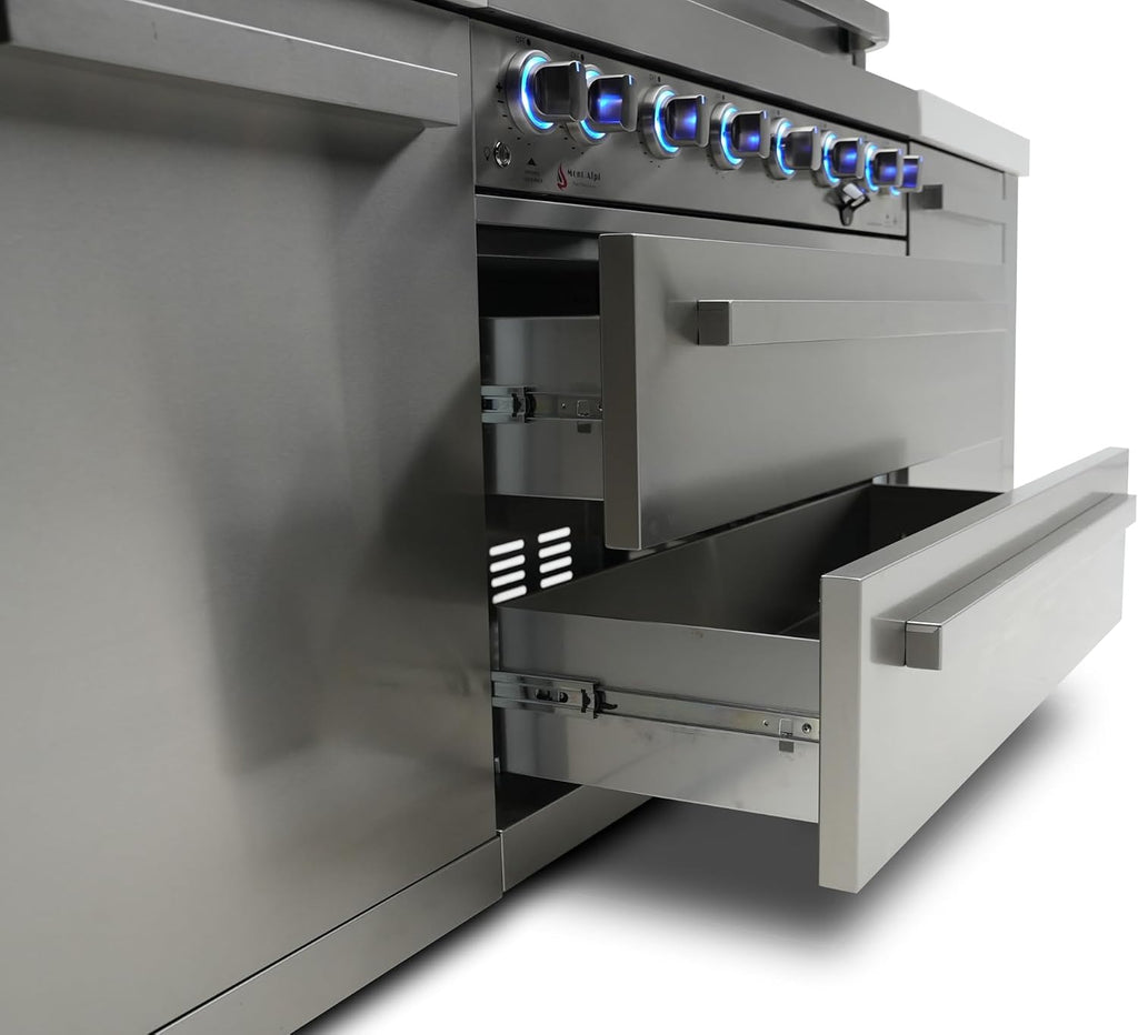 Mont Alpi Deluxe Series Stainless Steel 94'W x 23'D Modular Outdoor Kitchen Island + Side Burner + Refrigerator + 44'W 6-Burner BBQ Gas Grill + White Granite Countertops + Storage Cabinets & Drawers