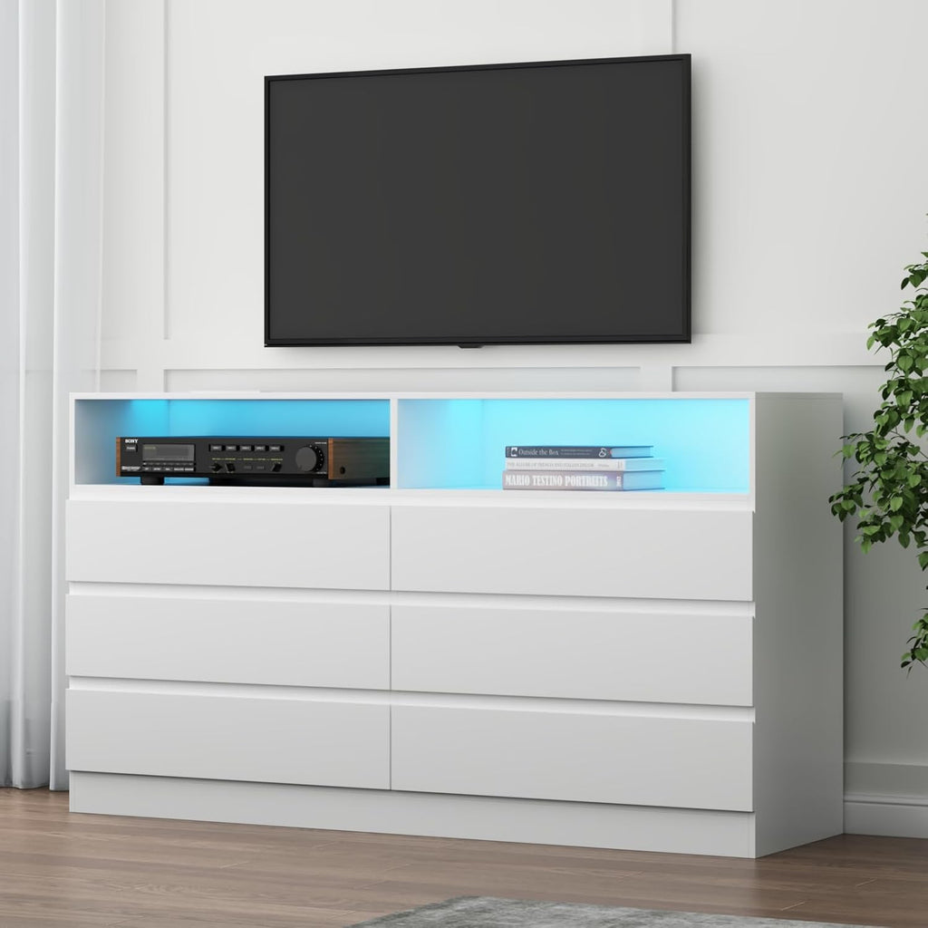 Gyfimoie 6 Drawer Double Dresser with Power Outlet, Accent Chests of Drawers with LED Light, Modern White Storage Dresser with Charging Station (Mirror Not Included)