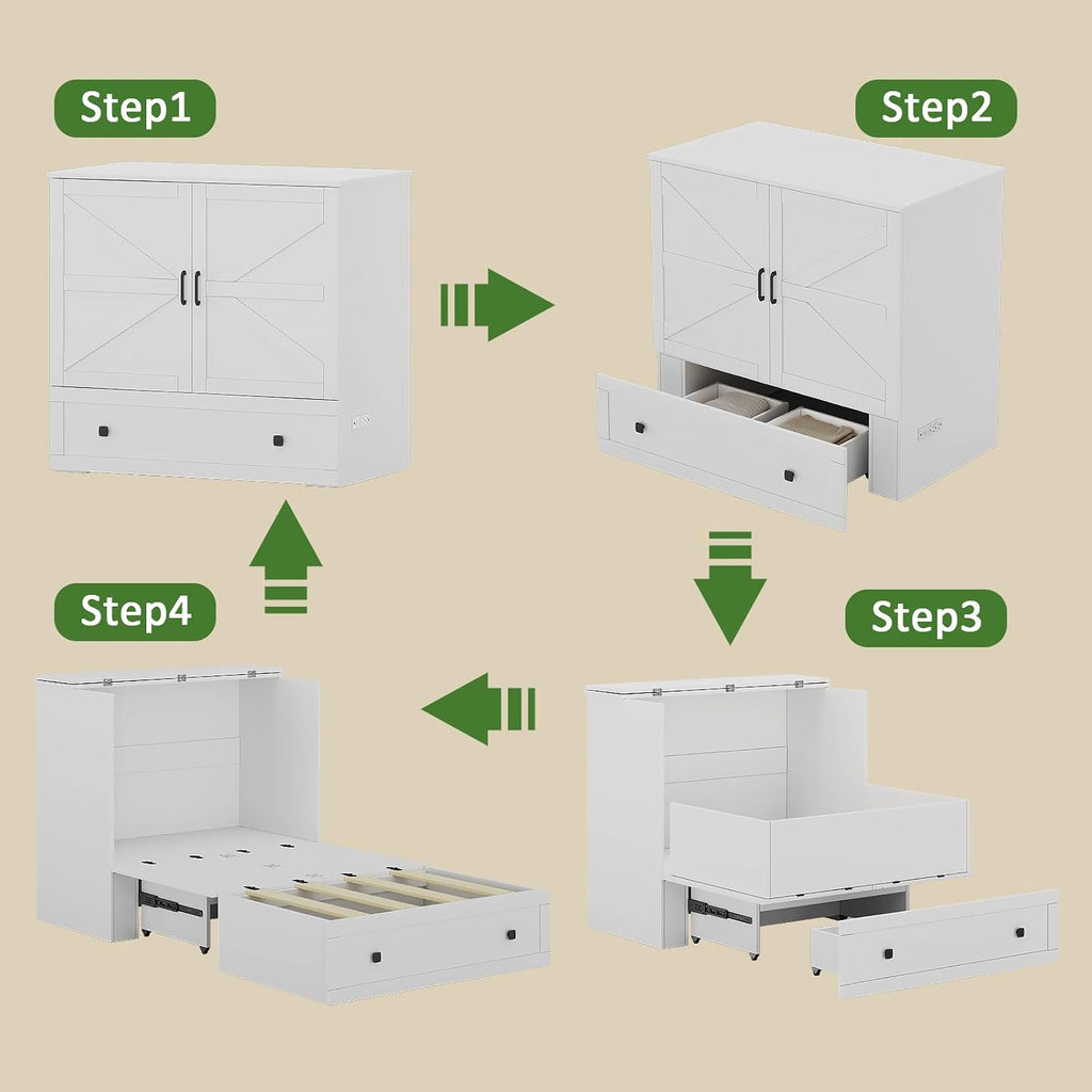 LIVAUVEAD Murphy Bed with Built-in Charging Station, Space-Saving Murphy Bed Chest Twin with Drawer, Foldable, for Home Office Guest Room Bedroom White