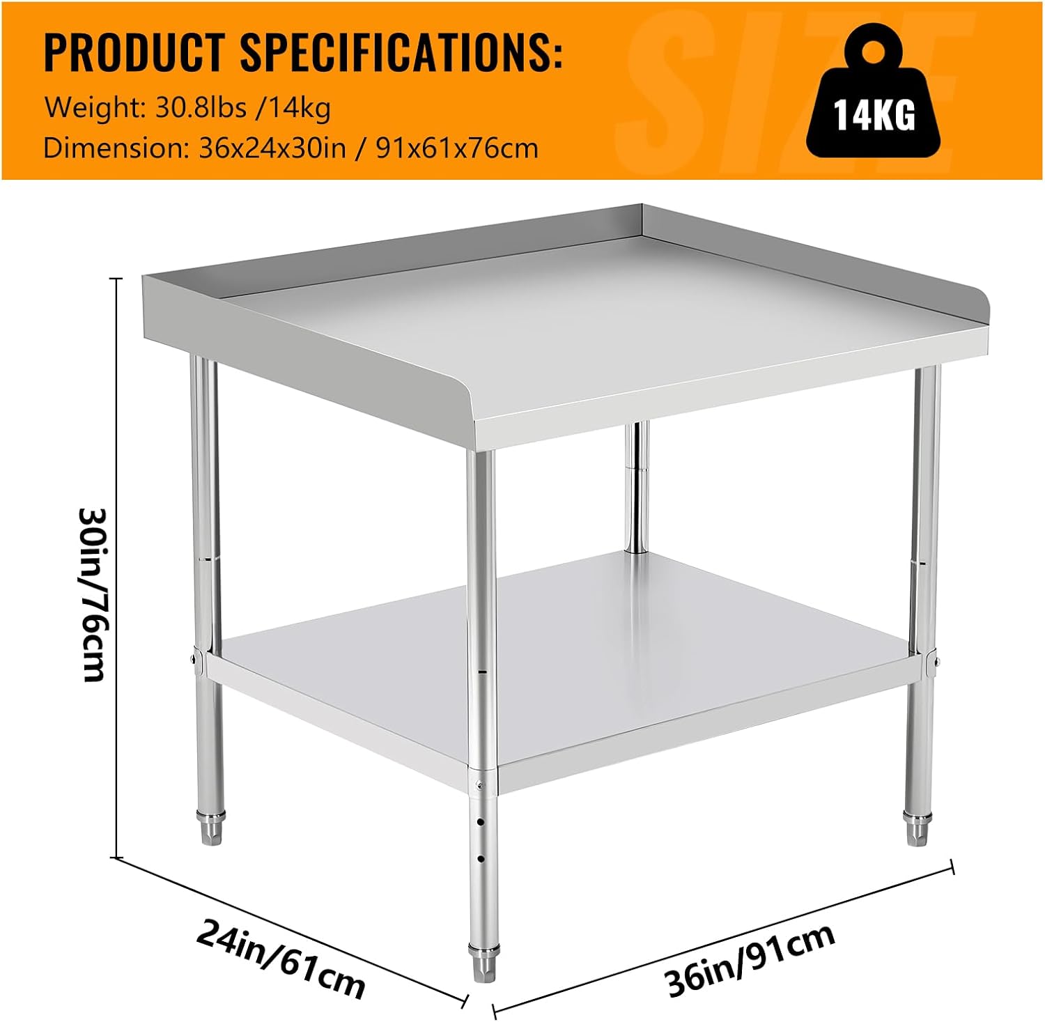 36'x24'x30' Stainless Steel Grill Stand Table, NSF Certified, 400 lbs Capacity, Adjustable Legs, 3-Sided 2' Edge Baffle for Kitchen, Restaurant, Hotel