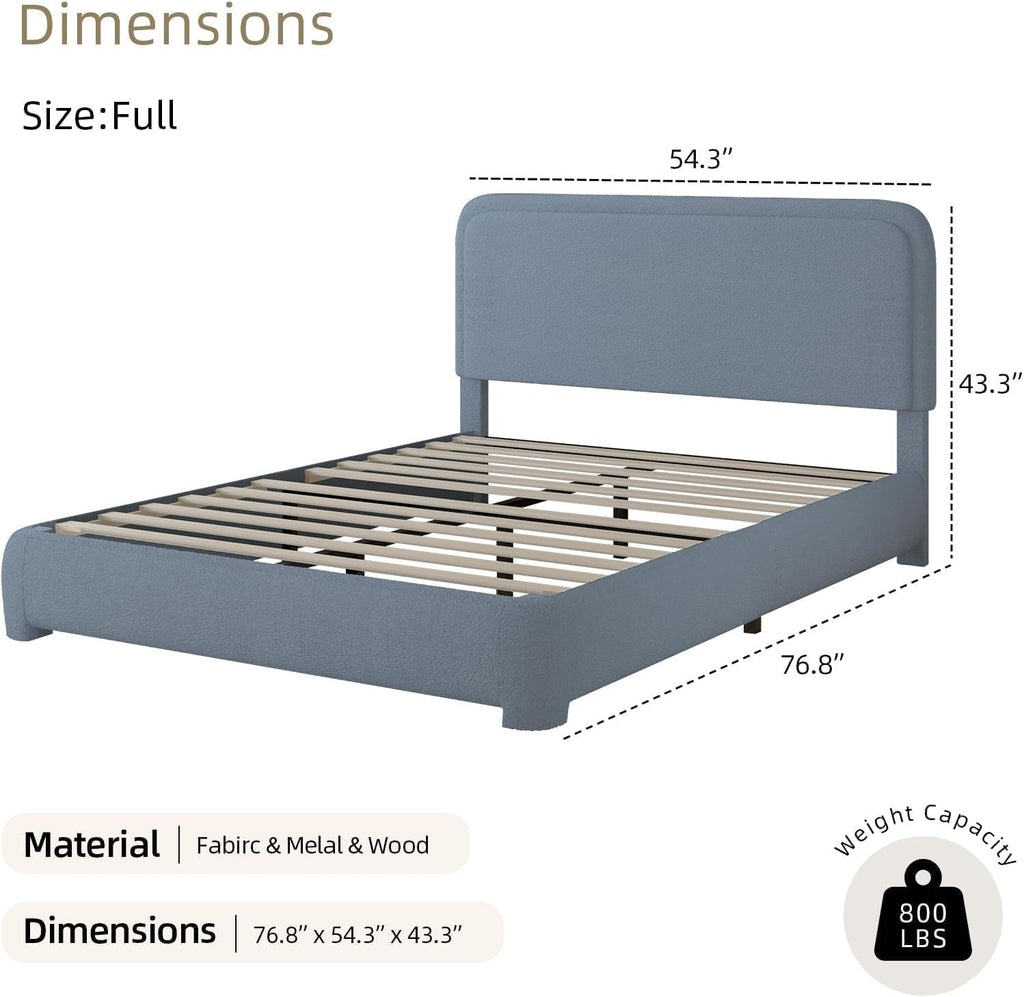 BarnFurin Full Size Bed Frame,Cloud Boucle Upholstered Platform Bed Frame with Headboard, Soft Rounded Corners, No Box Spring Required, Non-Slip and Noise-Free, Easy Assembly, Blue