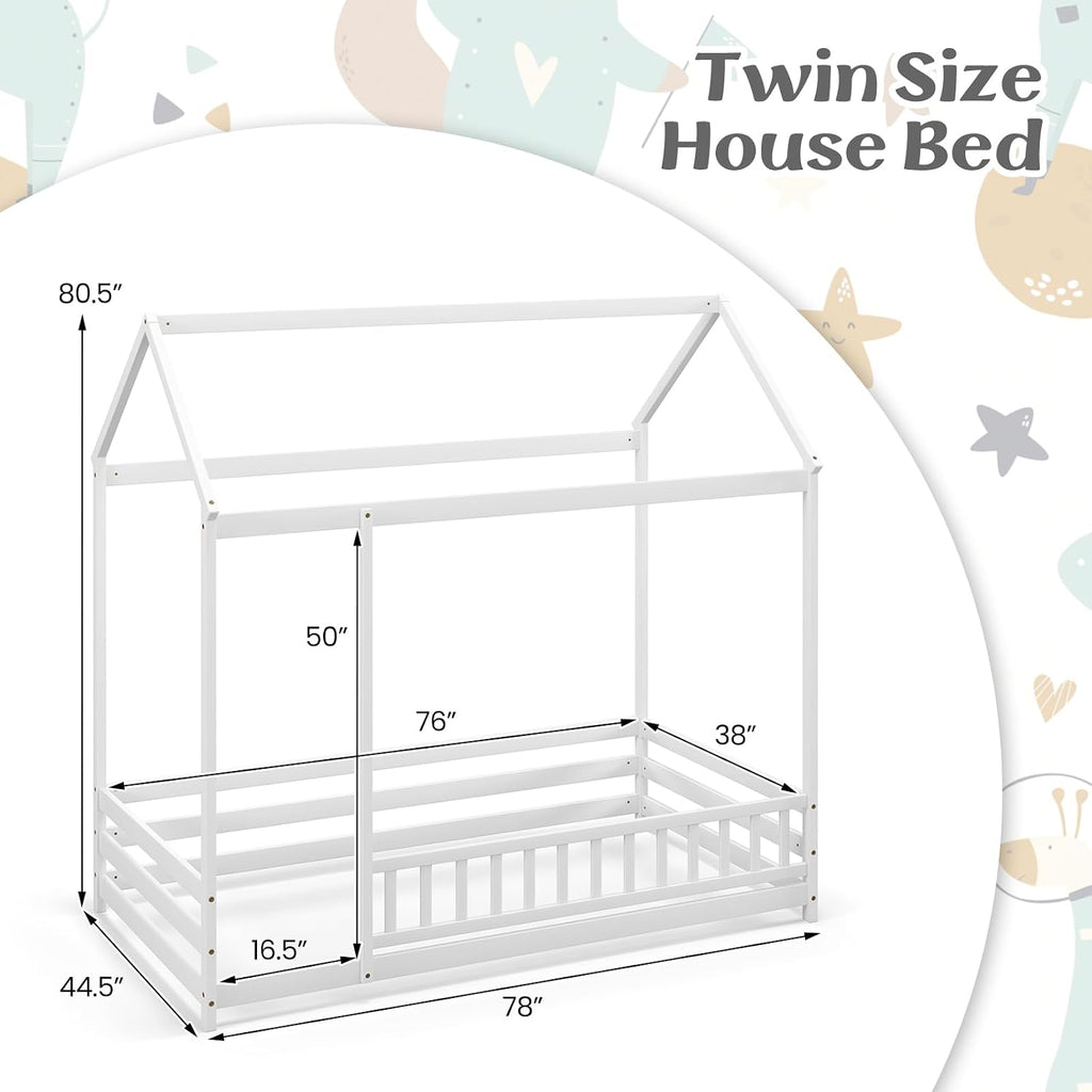 KOMFOTT Twin Size Floor House Bed, Wooden Montessori Bed with Roof & Full-Length Safety Guardrail, Floor Playhouse Bed Frame for Kids, Girls, Boys (White)