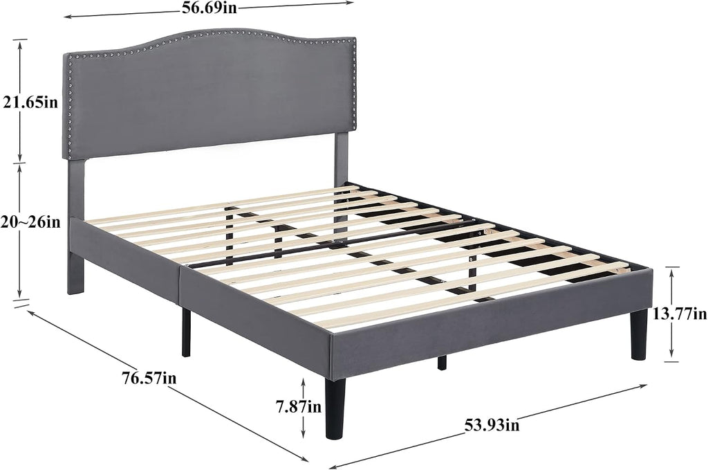 VECELO Full Bed Frame Platform Bed Frame with Upholstered Headboard, Strong Frame and Wooden Slats Support, Strong Weight Capacity, Non-Slip and Noise-Free, Easy Assembly,Dark Grey