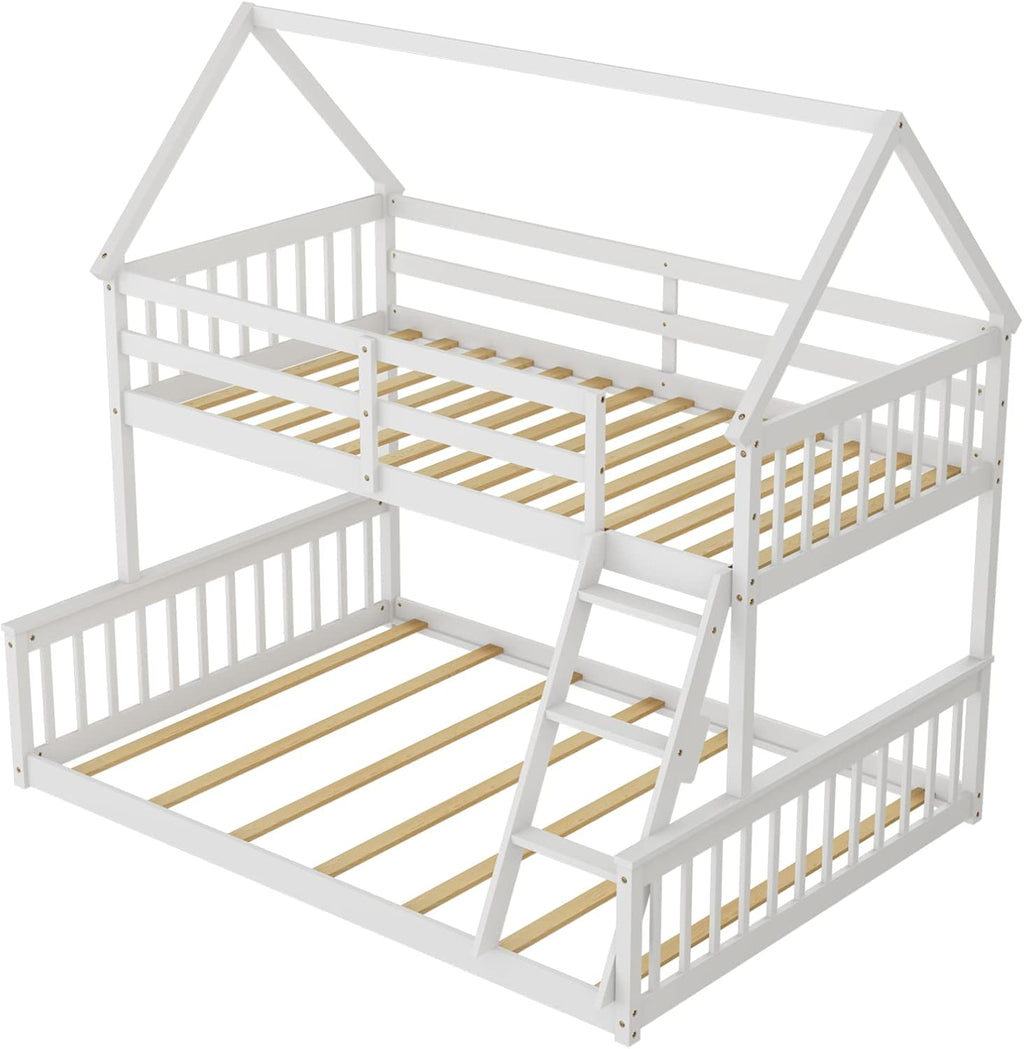 KOMFOTT Wood Twin Over Full House Bunk Bed with Built in Ladder, Solid Pine Wood Bunk Bed Frame with Safety Guardrails, House Bunk Bed Frame for Kids, Teens, Juniors, No Box Spring Needed (White)