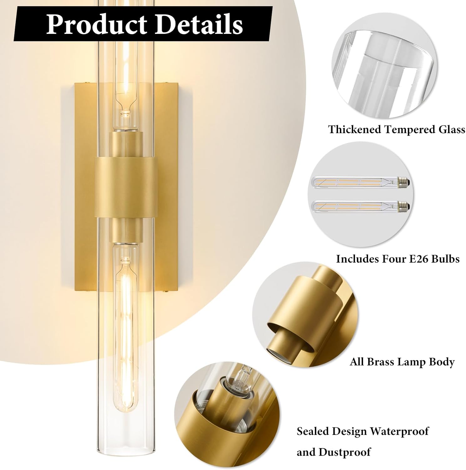 Champagne Brass Bathroom Wall Sconce - Set of 2 Modern Gold Light Sconces - Clear Glass Tube Vanity Lights - Vertical or Horizontal Mounted Dimmable Lighting Fixtures for Indoor Living Room Hallway