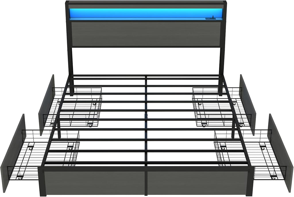 SADENICEL Queen Bed Frame with Storage Headboard and 4 Drawers, Metal Platform Bed Frame with LED Light, Charging Station, No Box Spring Needed, Noise Free, Easy Assembly, Rustic Grey