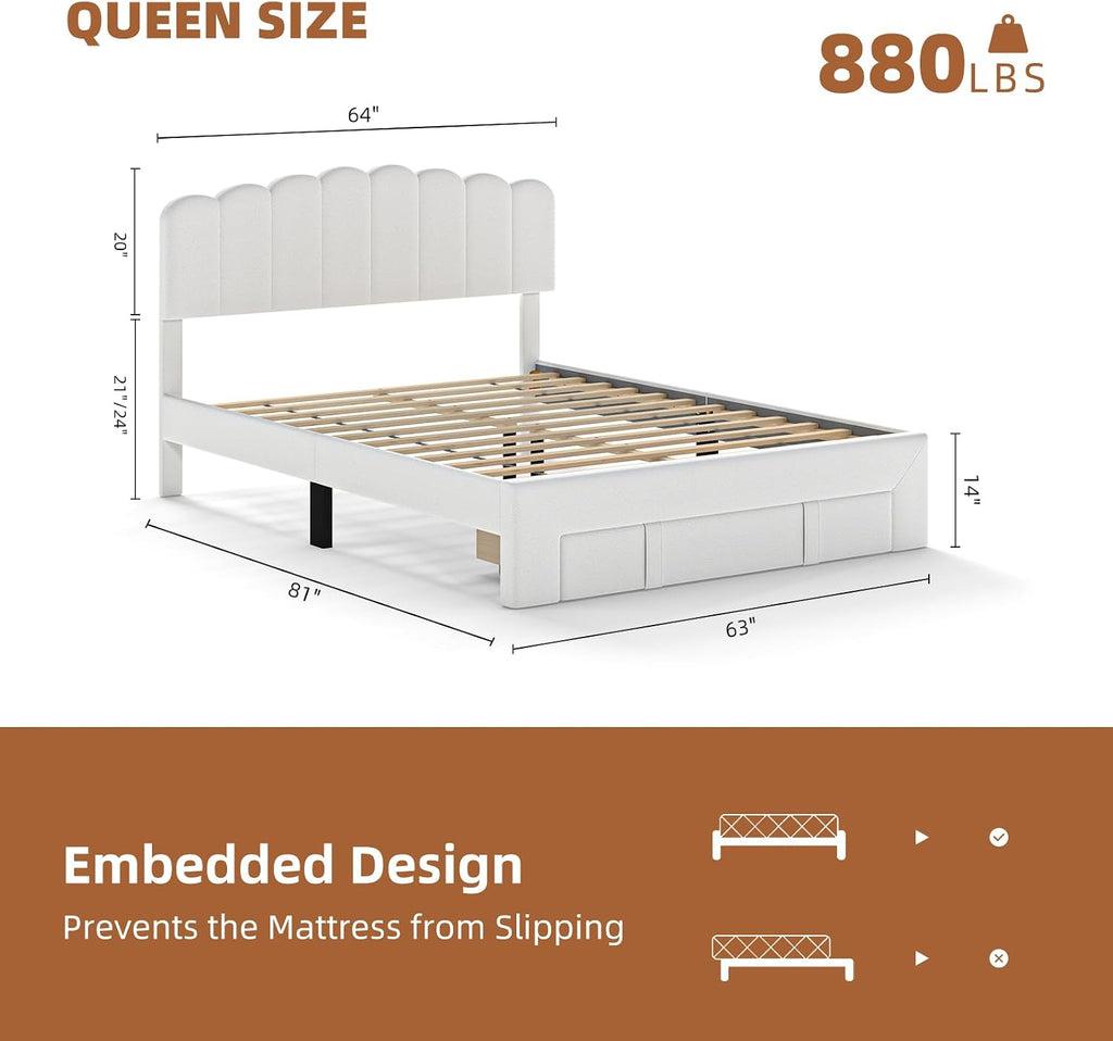 CANMOV Queen Size Bed Frame with Adjustable Headboard and Storage Drawer, Wool Upholstered Platform Bed Frame with White Ambient Light, Wooden Slats Support, White