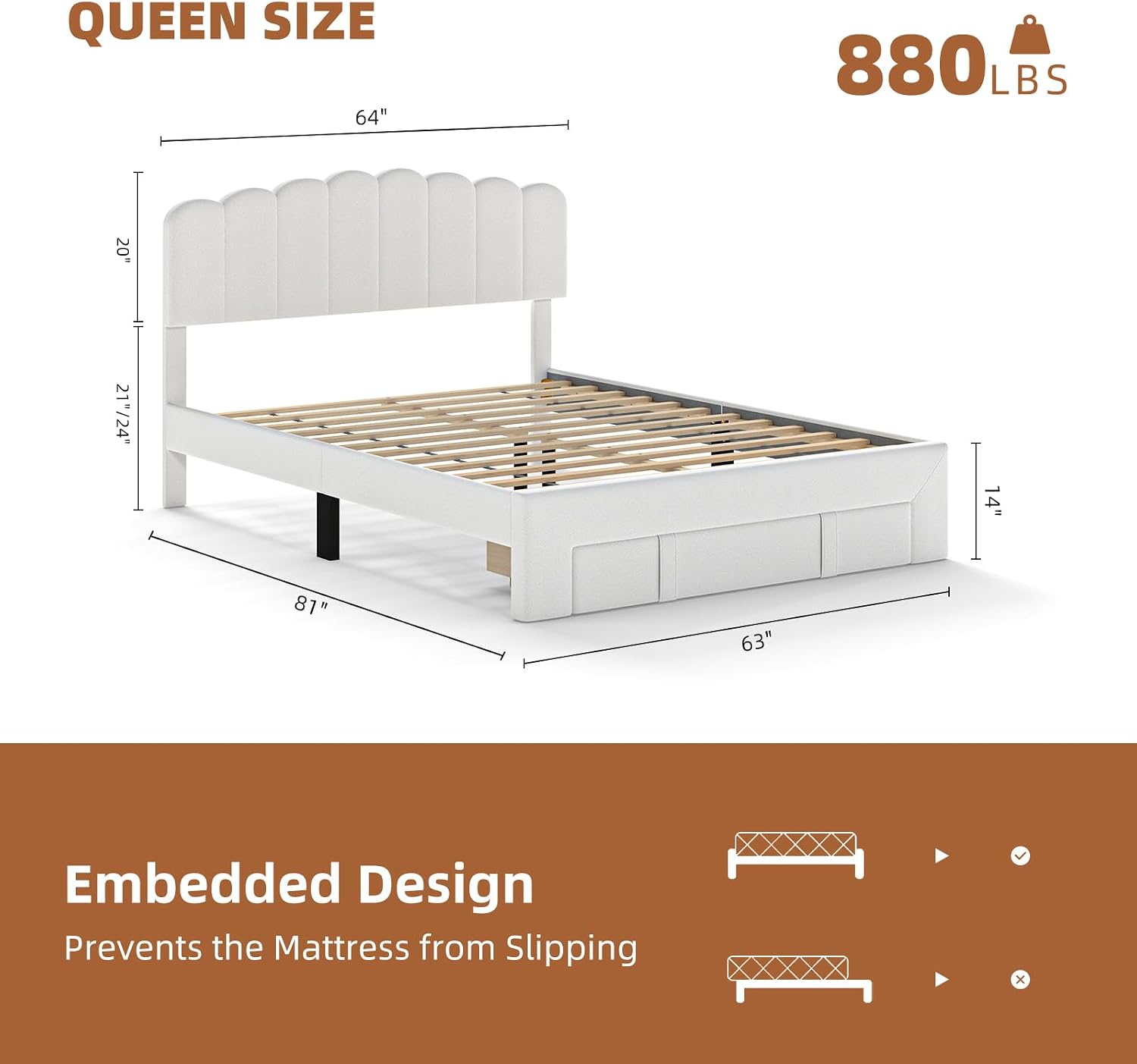 CANMOV Queen Size Bed Frame with Adjustable Headboard and Storage Drawer, Wool Upholstered Platform Bed Frame with White Ambient Light, Wooden Slats Support, White