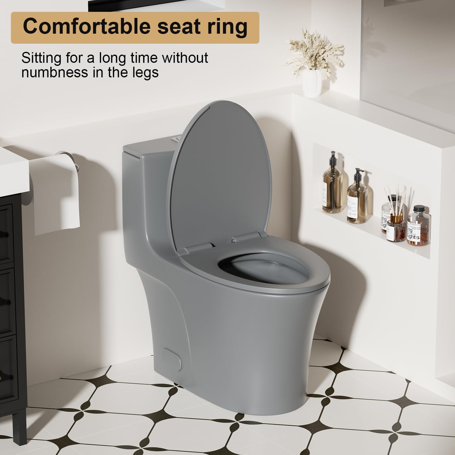 Elongated One Piece Toilet with ADA Comfort Height, Seat Chair Height 17.3' Modern Toilet for Bathroom, Dual Flush 0.8/1.6 GPF, MAP 1000g, 12' Rough-In, Soft Closing Seat, Light gray